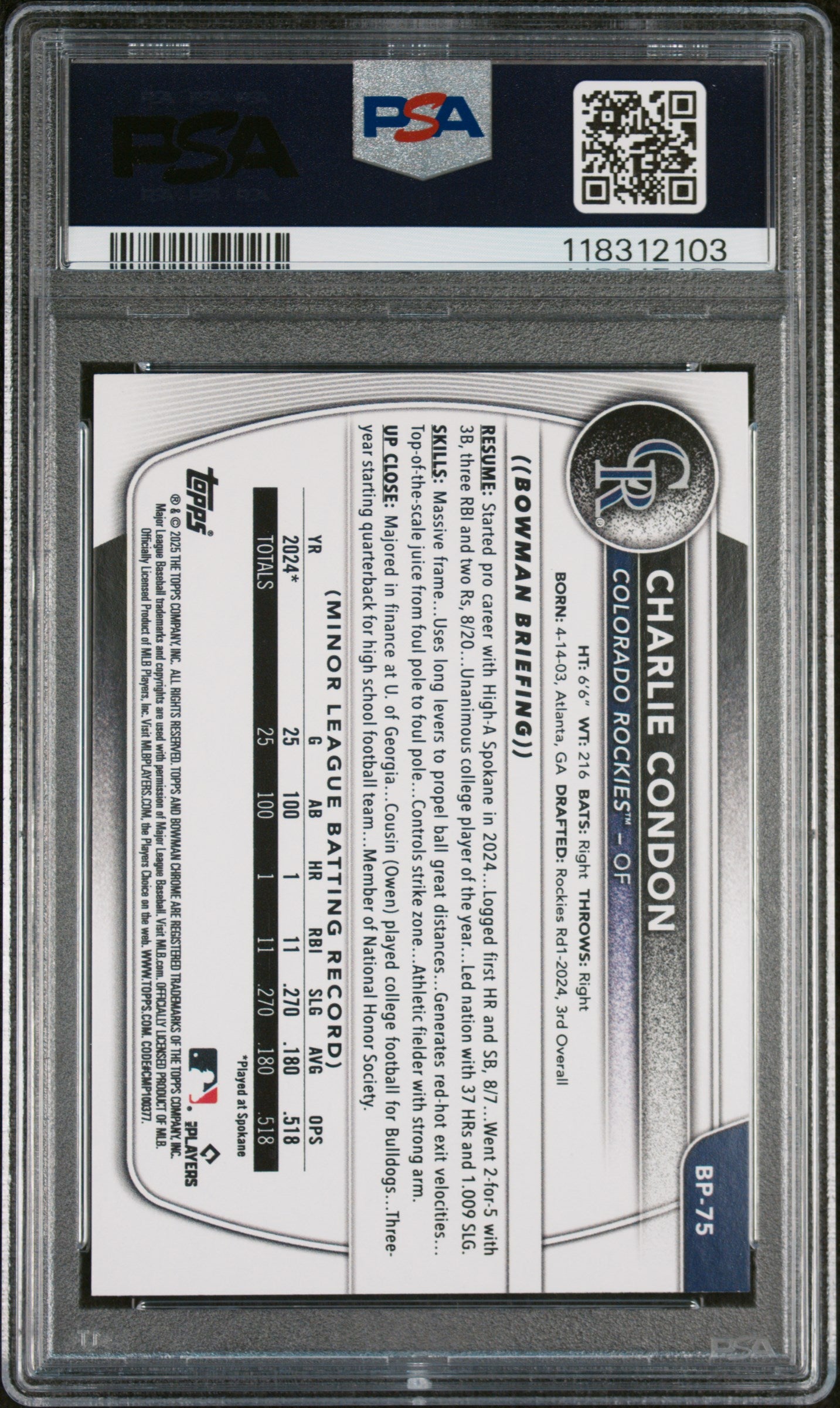 2025 Bowman Paper Prospects Bowman Retro Logo Foil Pattern Charlie Condon #BP75 PSA 10