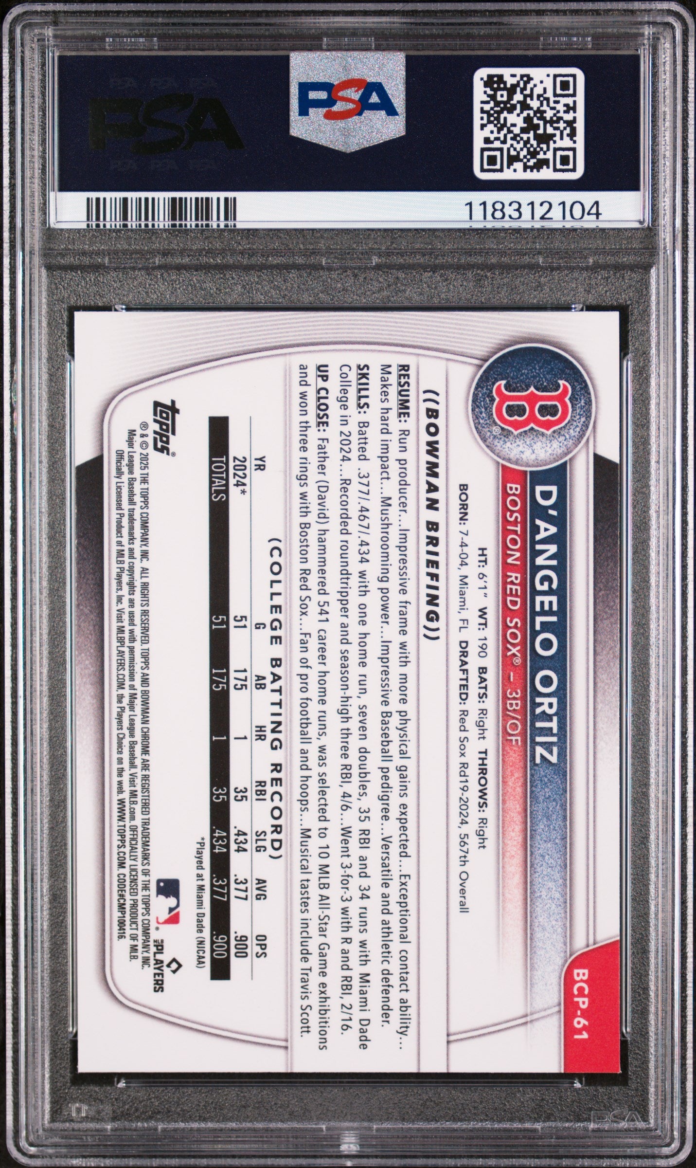 2025 Bowman Chrome Prospects Reptilian Refractor Angel Ortiz #BCP61 PSA 9