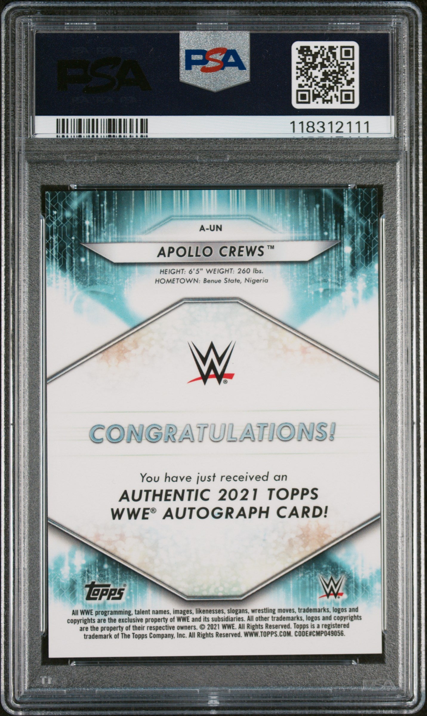 2021 Topps WWE Roster Autograph Black Apollo Crews #AUN /5 PSA 10