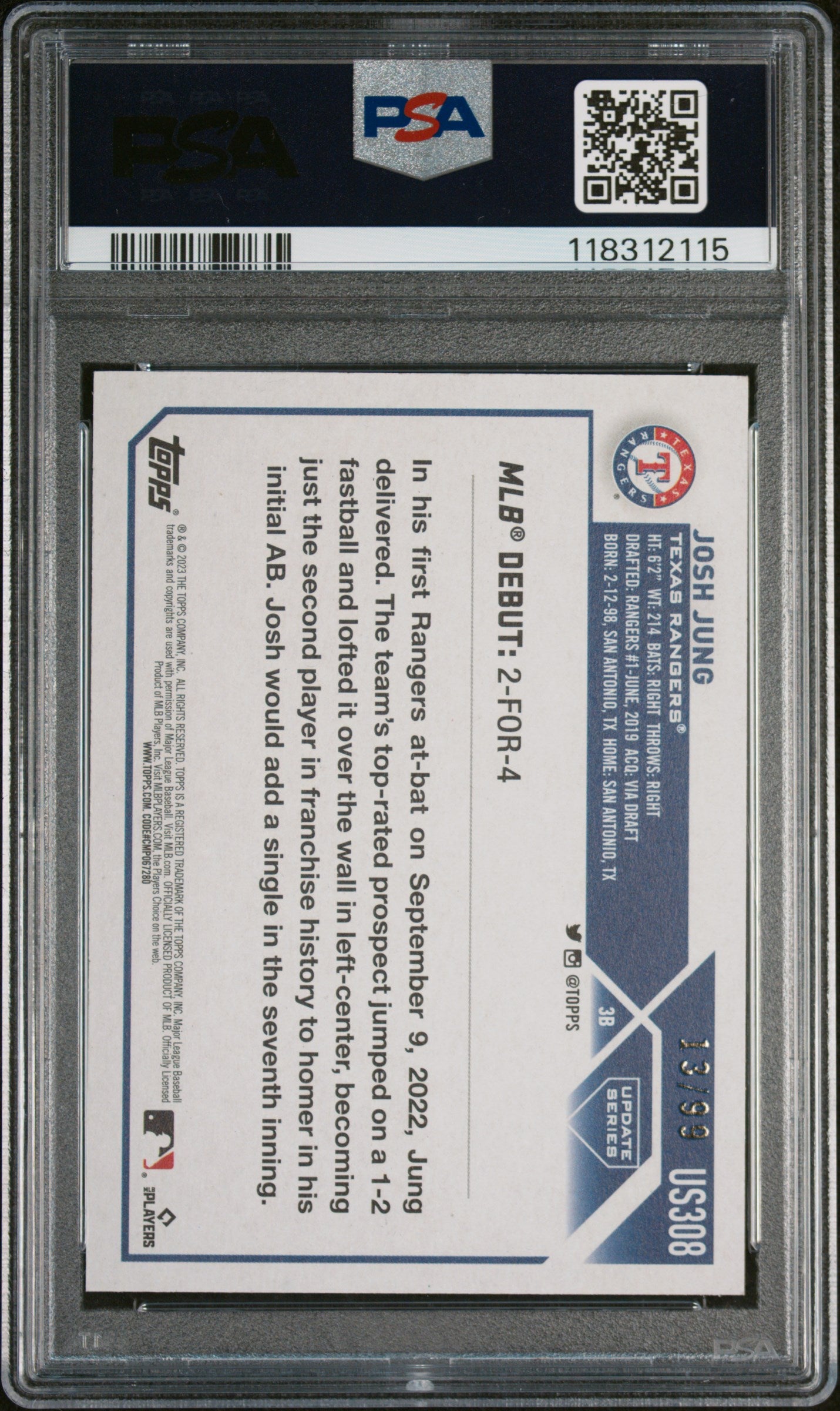 2023 Topps Update Vintage Stock Josh Jung #US308 /99 PSA 10