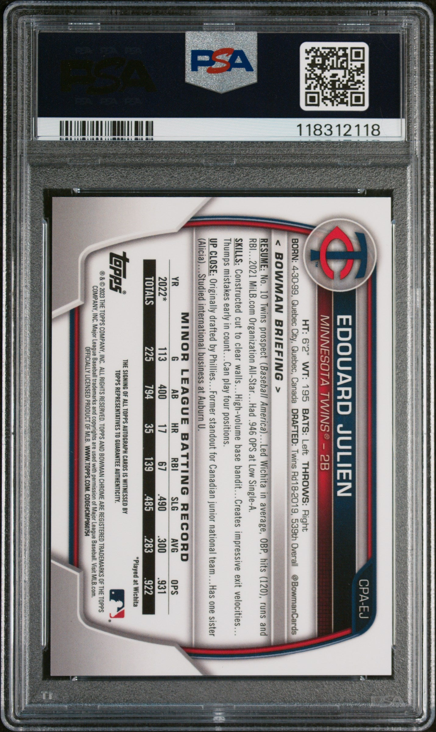 2023 Bowman Chrome Prospect Autograph Gold Shimmer Refractor Edouard Julien #CPAEJ /50 PSA 9