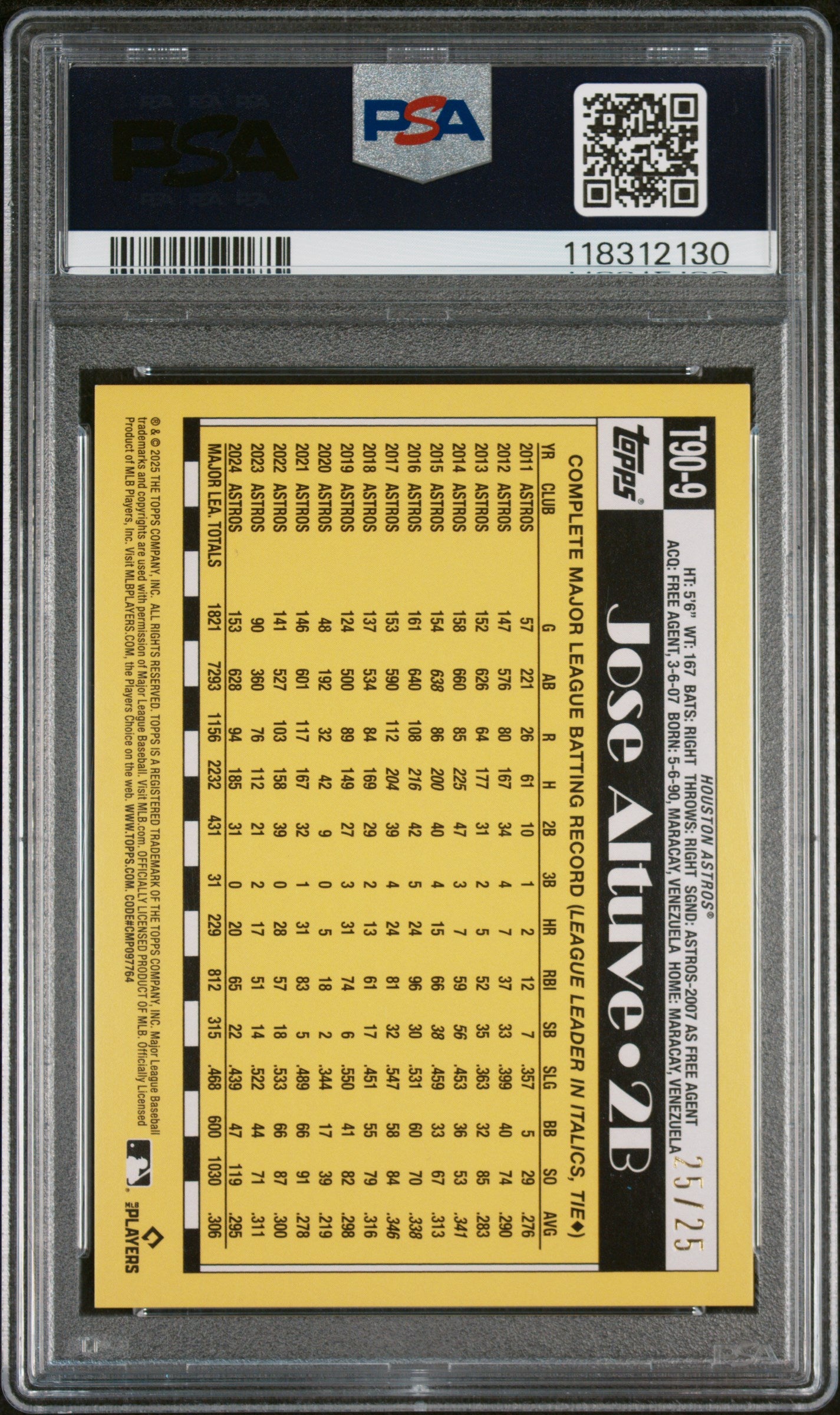 2025 Topps 1990 Topps Baseball Orange Crackle Foilboard Jose Altuve #T909 25/25 PSA 9