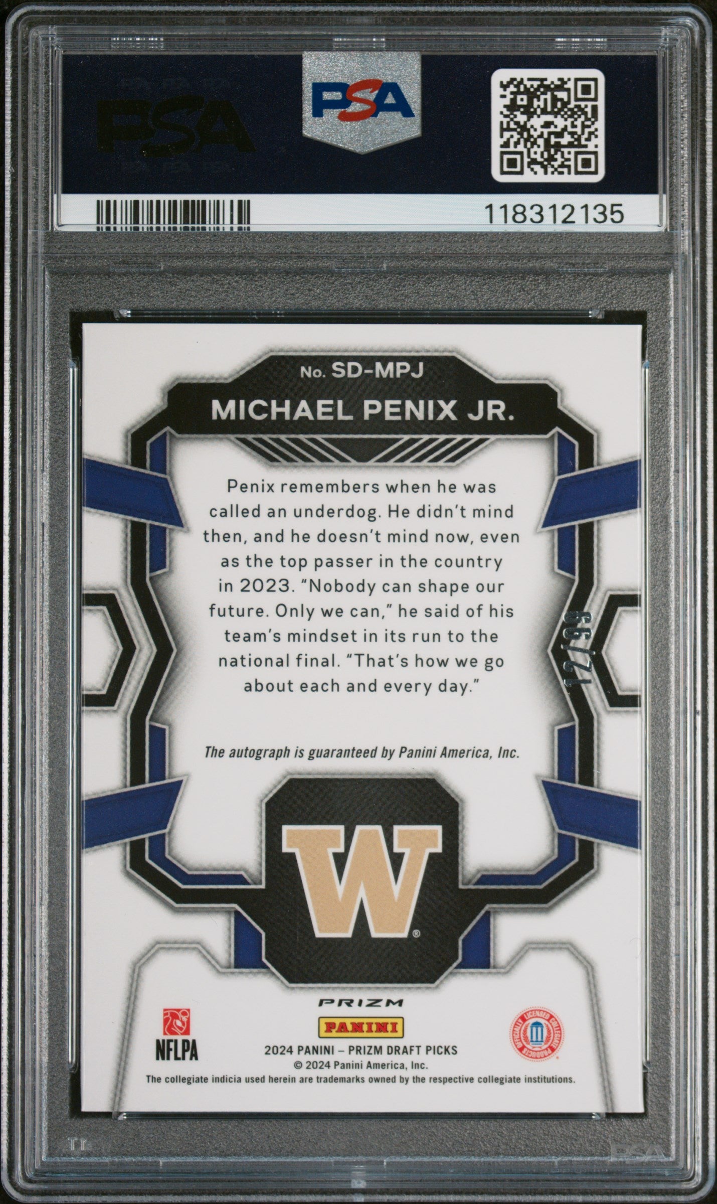 2024 Panini Prizm Draft Picks Signing Day Purple Ice Michael Penix Jr. #SDMPJ /99 PSA 10