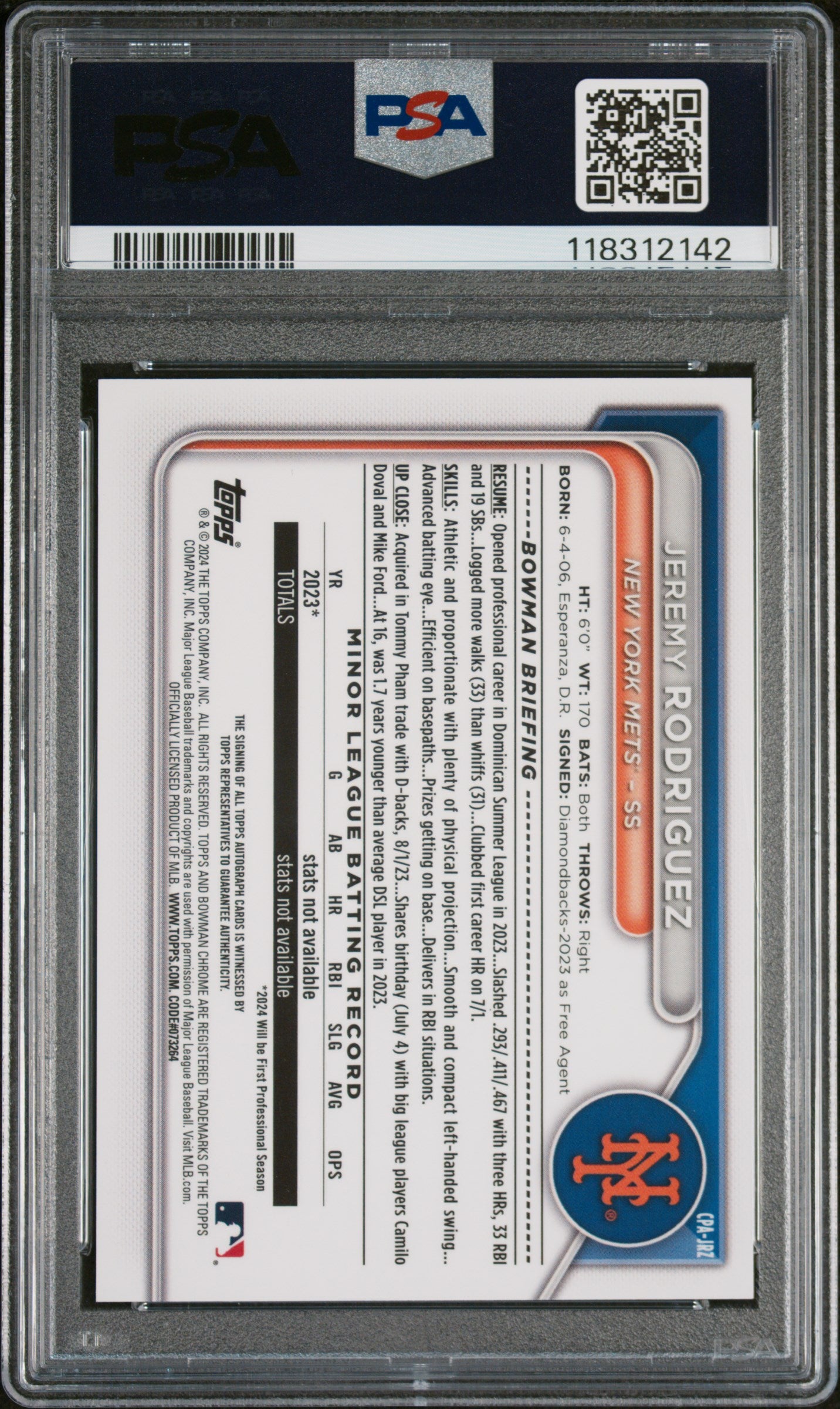 2024 Bowman Chrome Prospect Autographs Prospect Auto-Yellow Ref Jermy Rodriguez #CPAJRZ /75 PSA 10