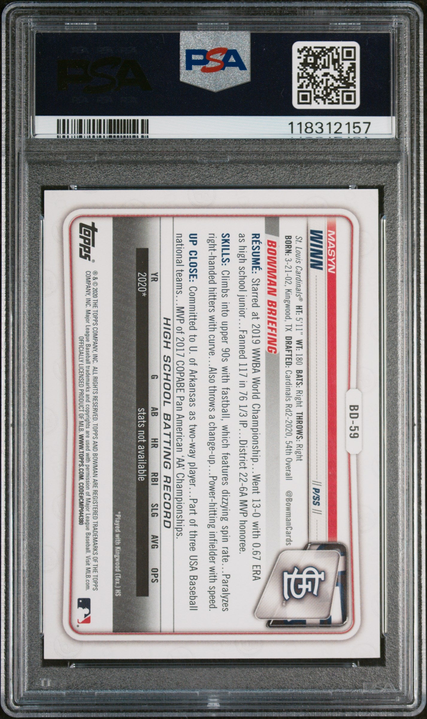 2020 Bowman Draft 1st Edition Yellow Foil Masyn Winn #BD59 /75 PSA 10