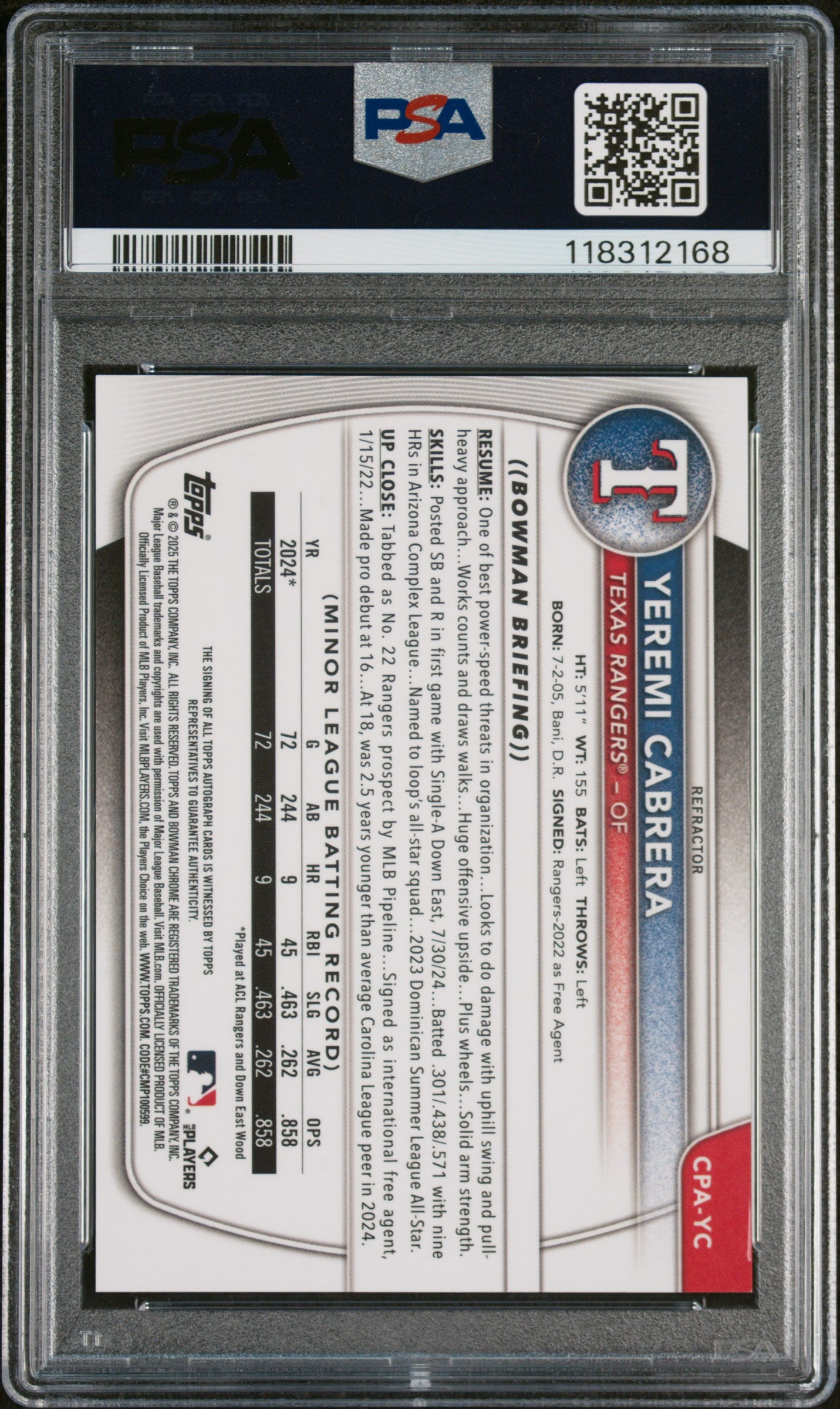 2025 Bowman Chrome Prospect Autograph Refractor Yeremi Cabrera #CPAYC /499 PSA 9