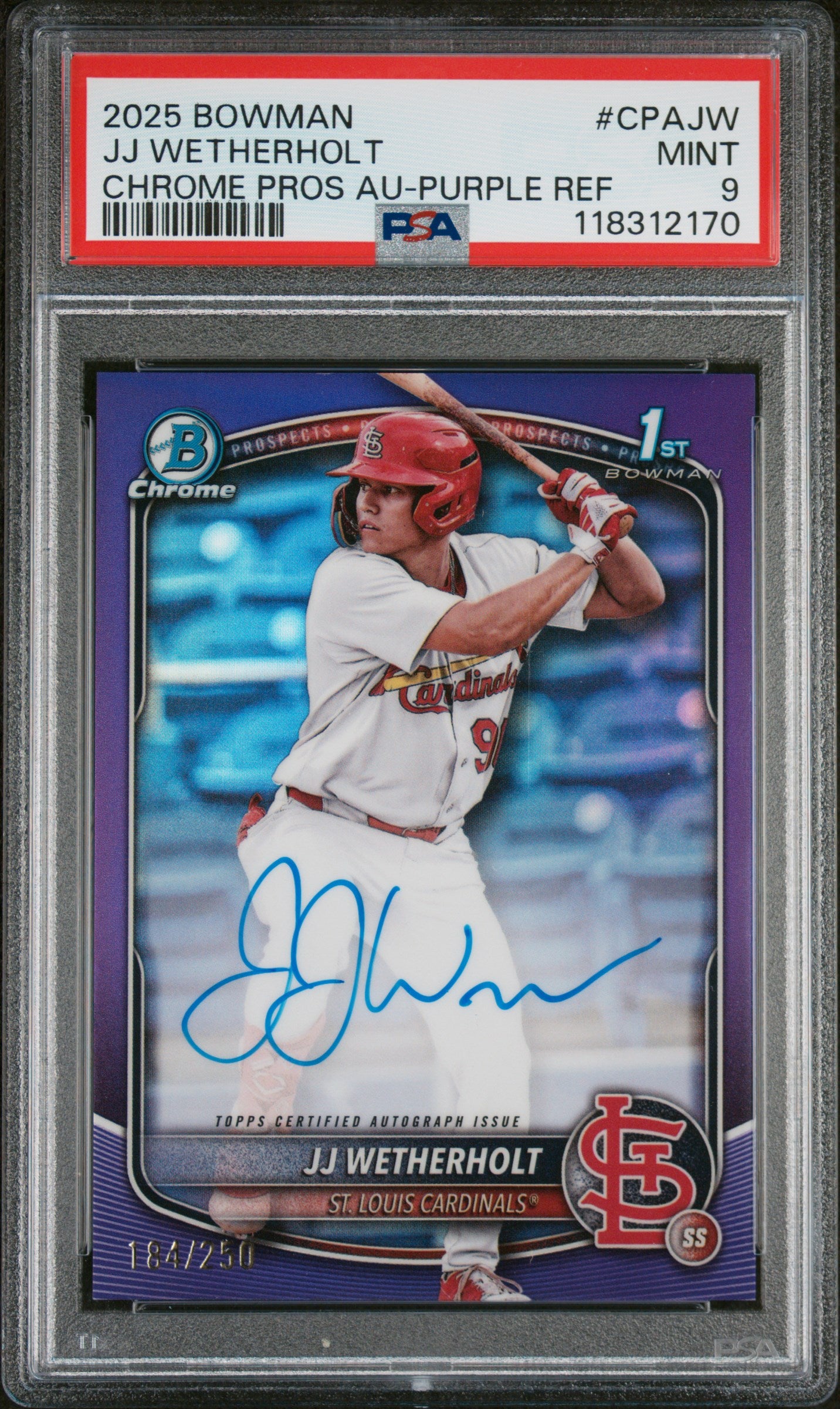 2025 Bowman Chrome Prospect Autograph Purple Refractor JJ Wetherholt #CPAJW /250 PSA 9