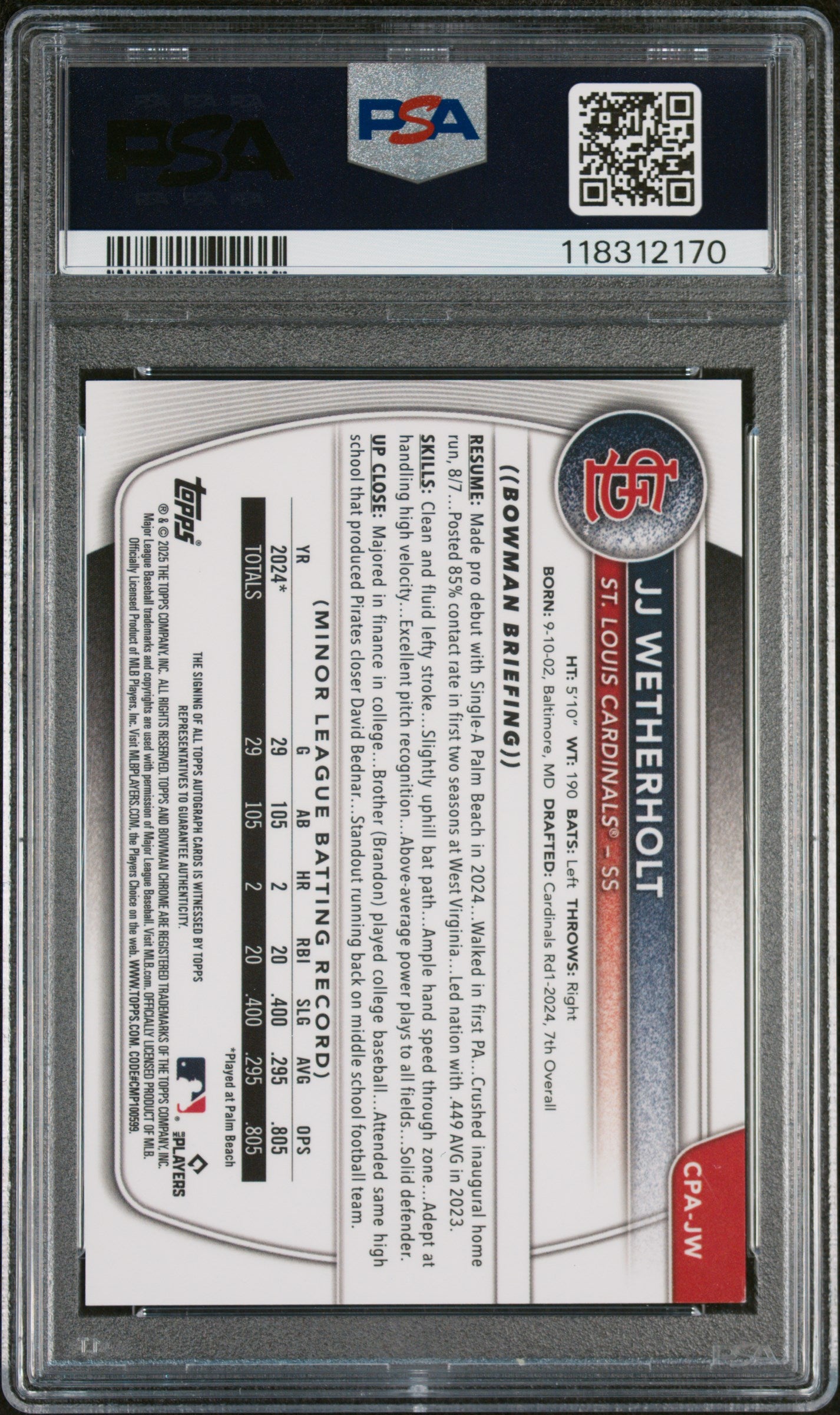 2025 Bowman Chrome Prospect Autograph Purple Refractor JJ Wetherholt #CPAJW /250 PSA 9