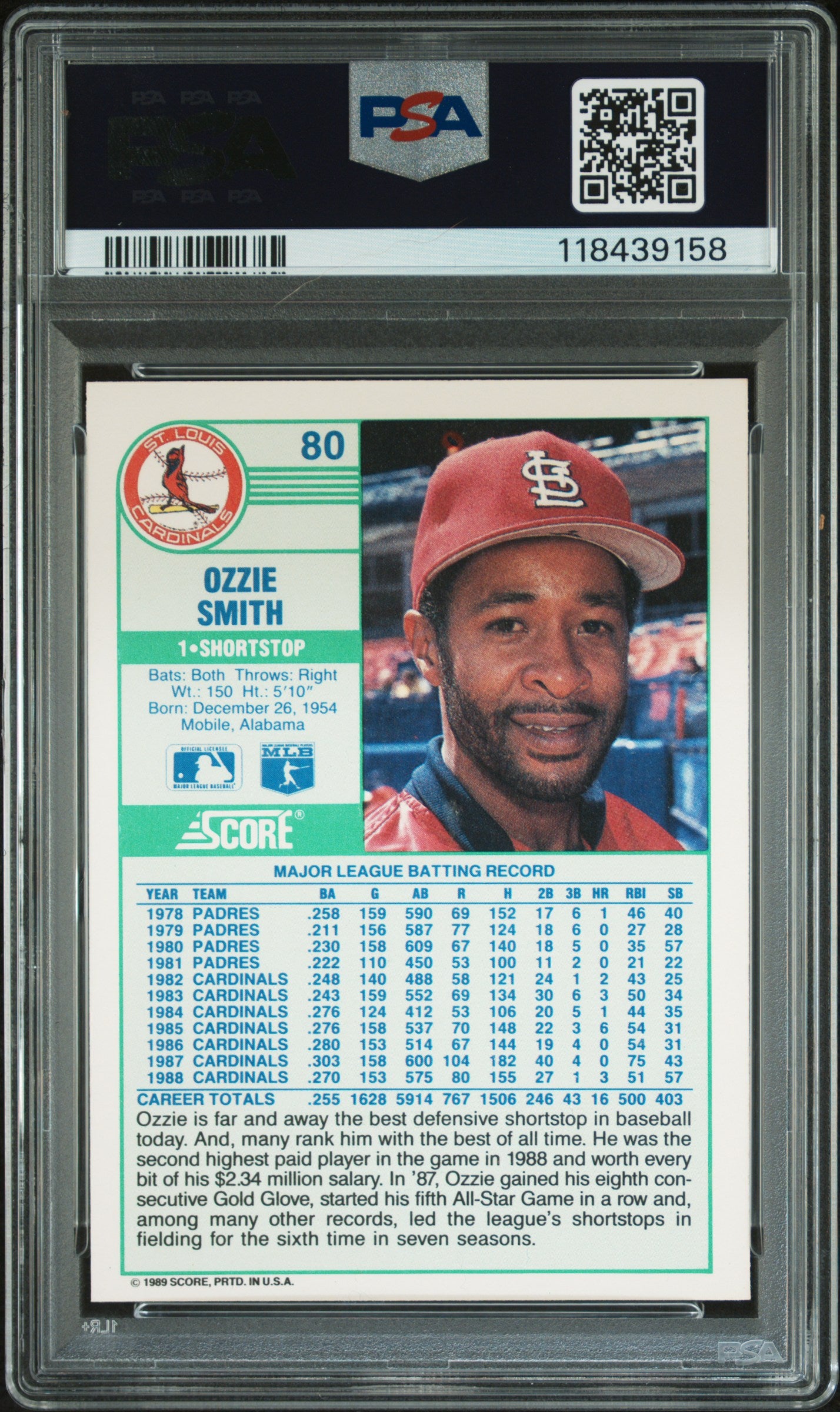 1989 Score Ozzie Smith #80 PSA 10