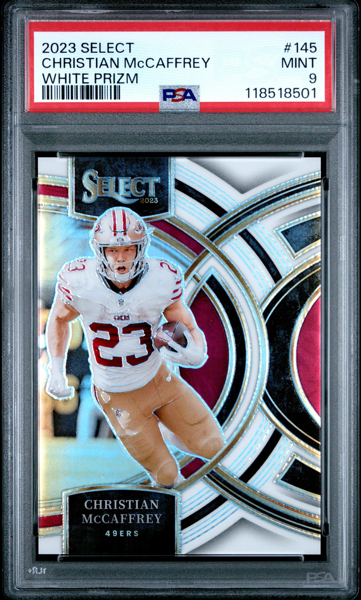 2023 Panini Select White Prizm Christian McCaffrey #145 Premier Level /35 PSA 9