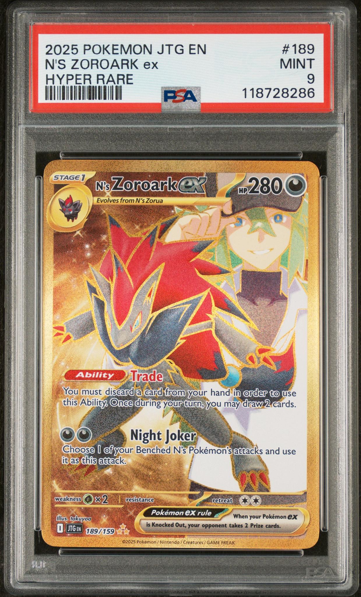 2025 Pokemon #189/159 N's Zoroark ex JTG PSA 9