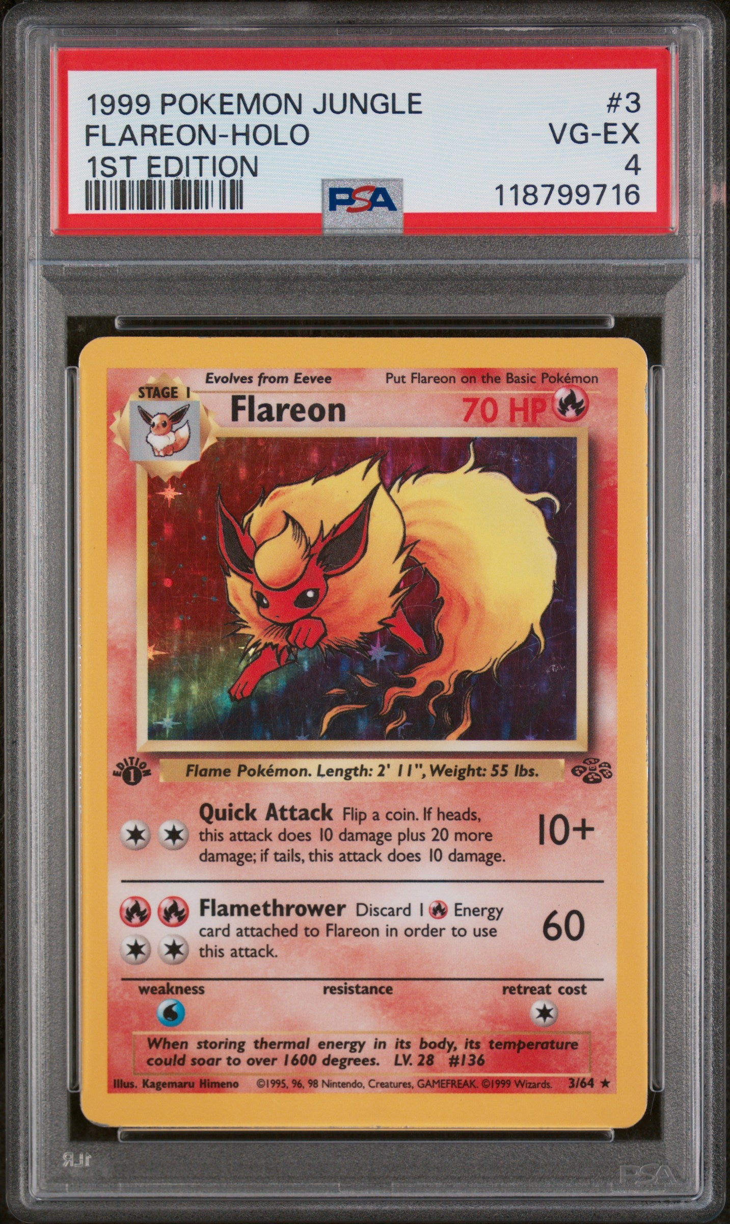 1999 Pokemon Jungle 1st Edition Holo Flareon #3 PSA 4