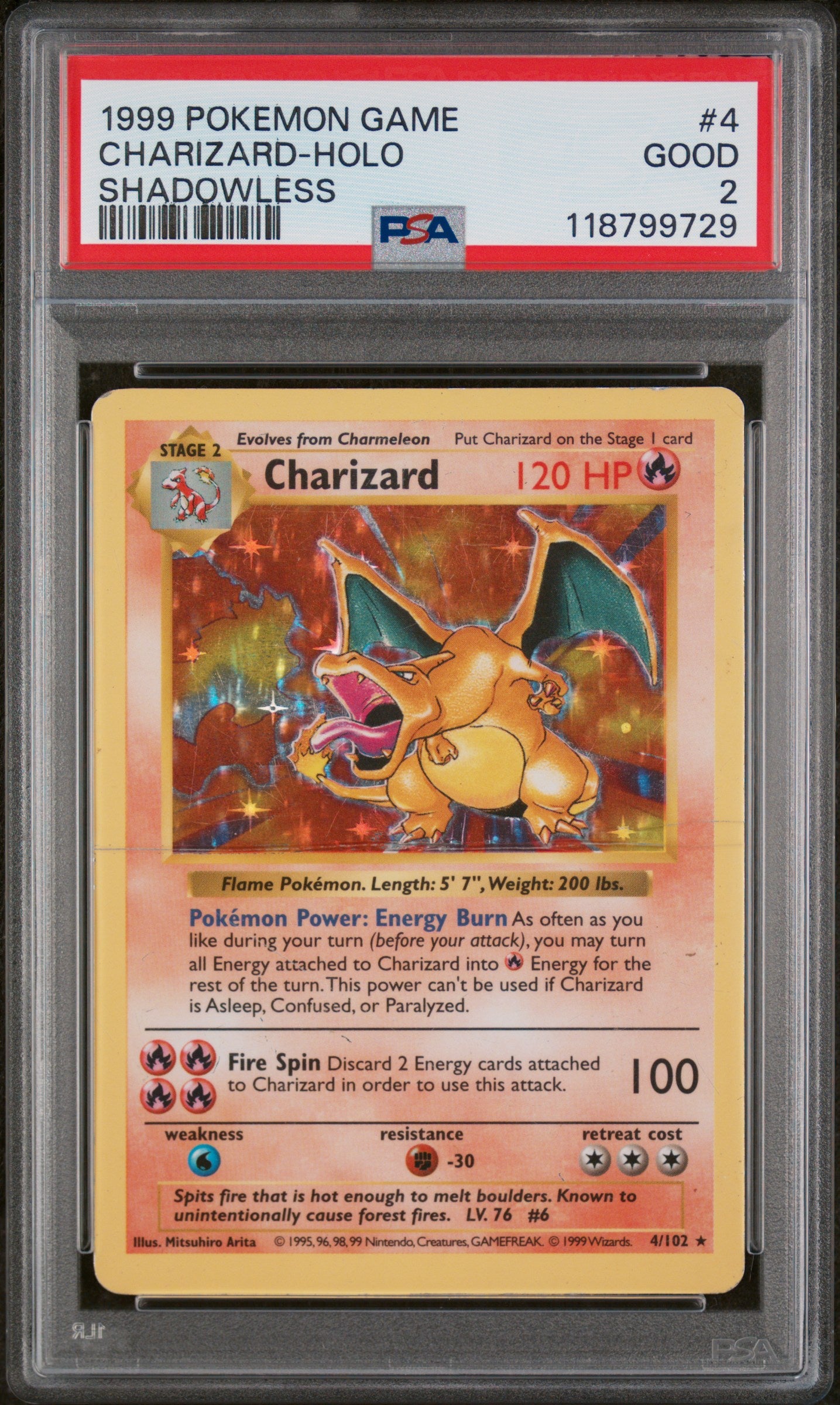 1999 Pokemon Game #4 Charizard Shadowless Holo PSA 2 118799729