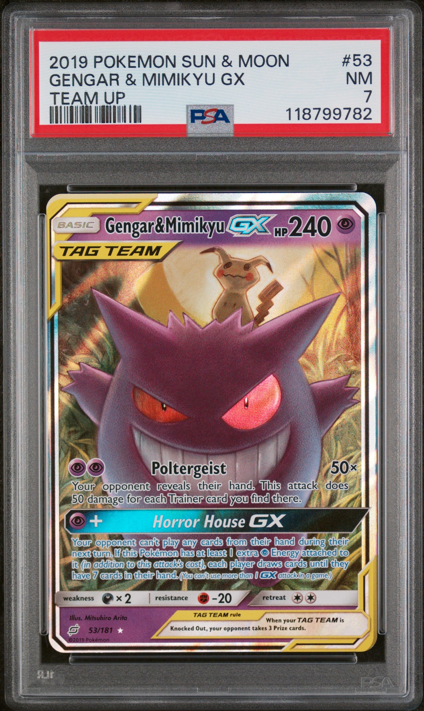 2019 Pokemon Sun and Moon Team Up Gengar/Mimikyu Gx #53 PSA 7