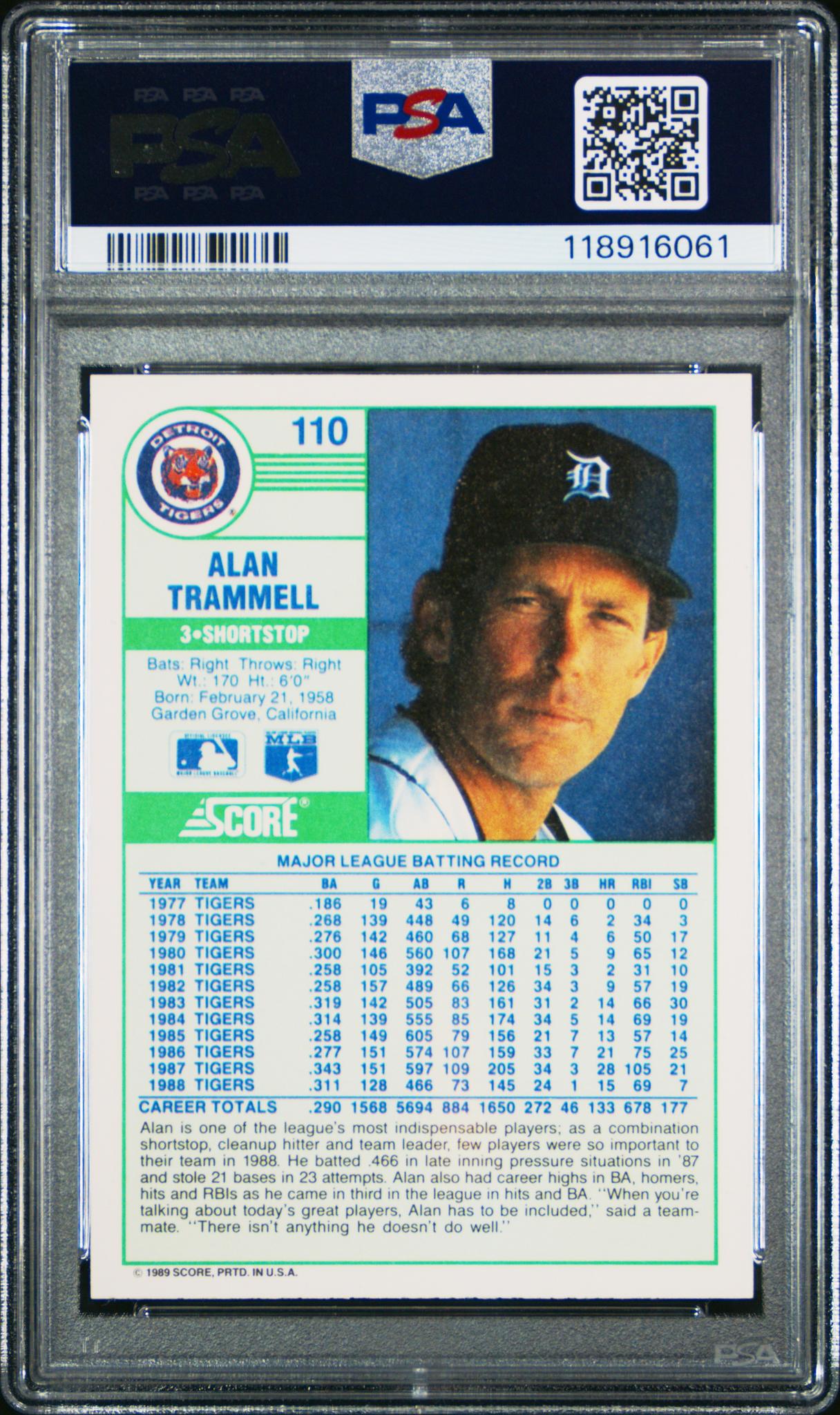 1989 Score Alan Trammell #110 PSA 10