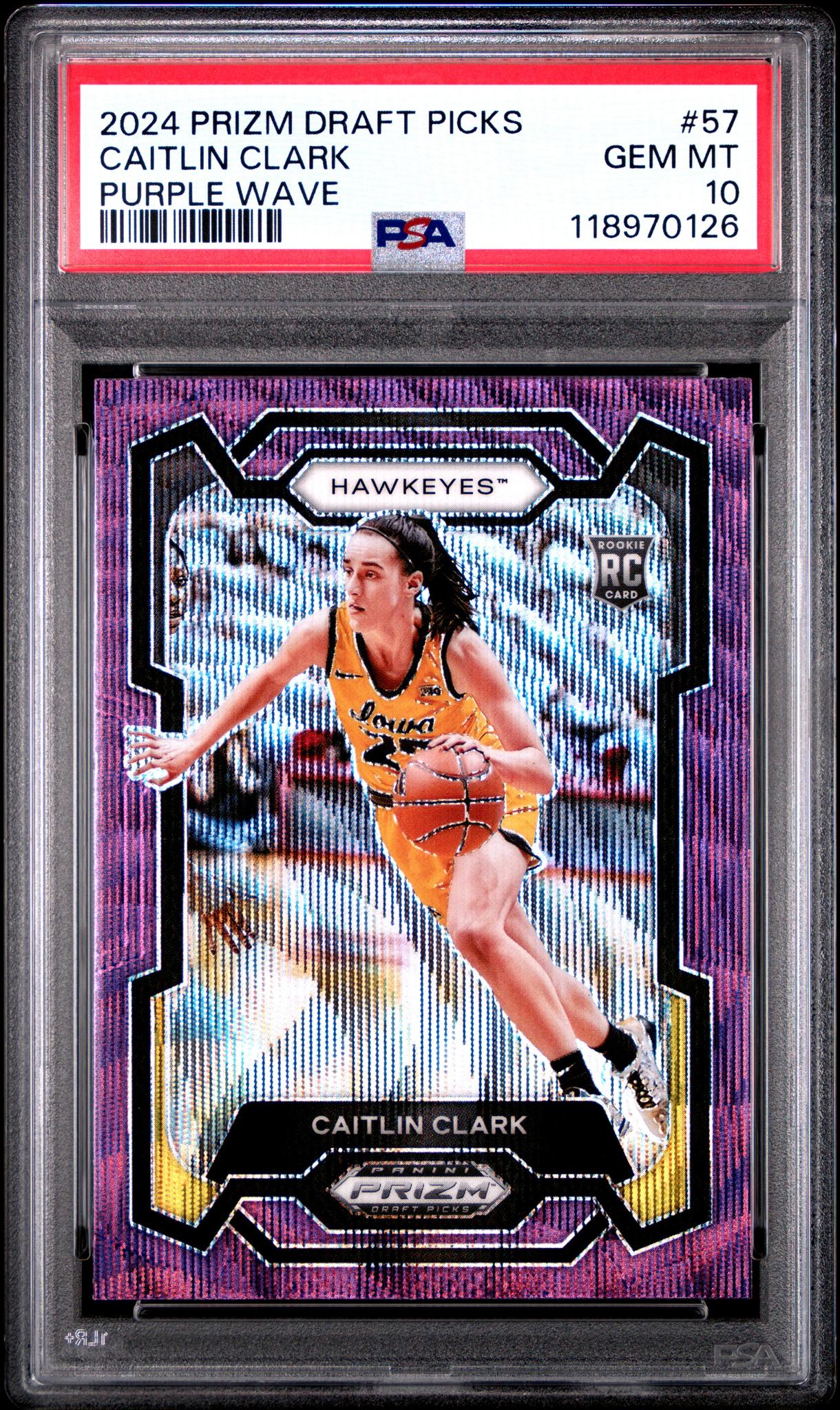 2024 Panini Prizm Draft Picks Purple Wave Caitlin Clark #57 RC PSA 10