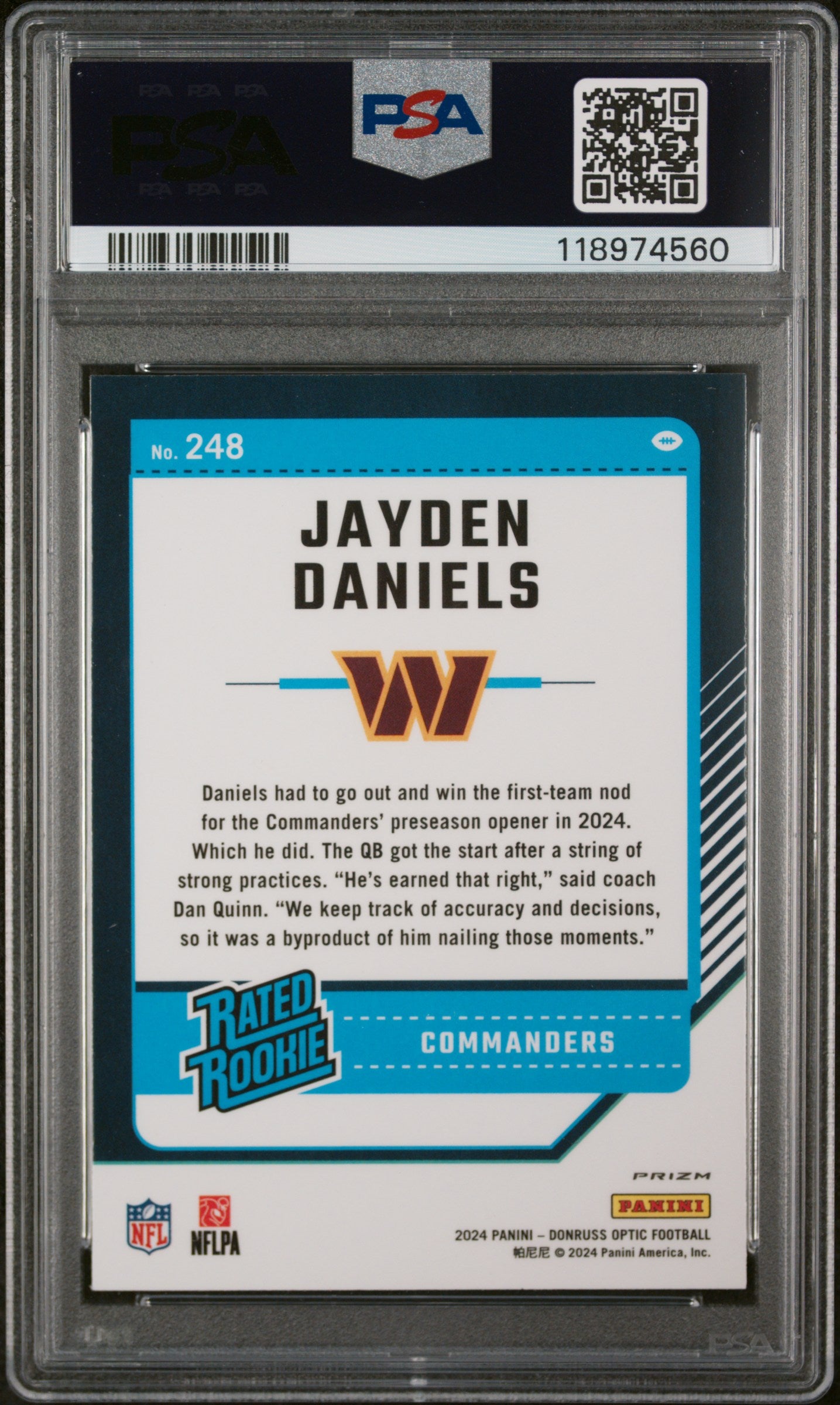2024 Panini Donruss Optic Purple Shock Jayden Daniels #248 RC PSA 10