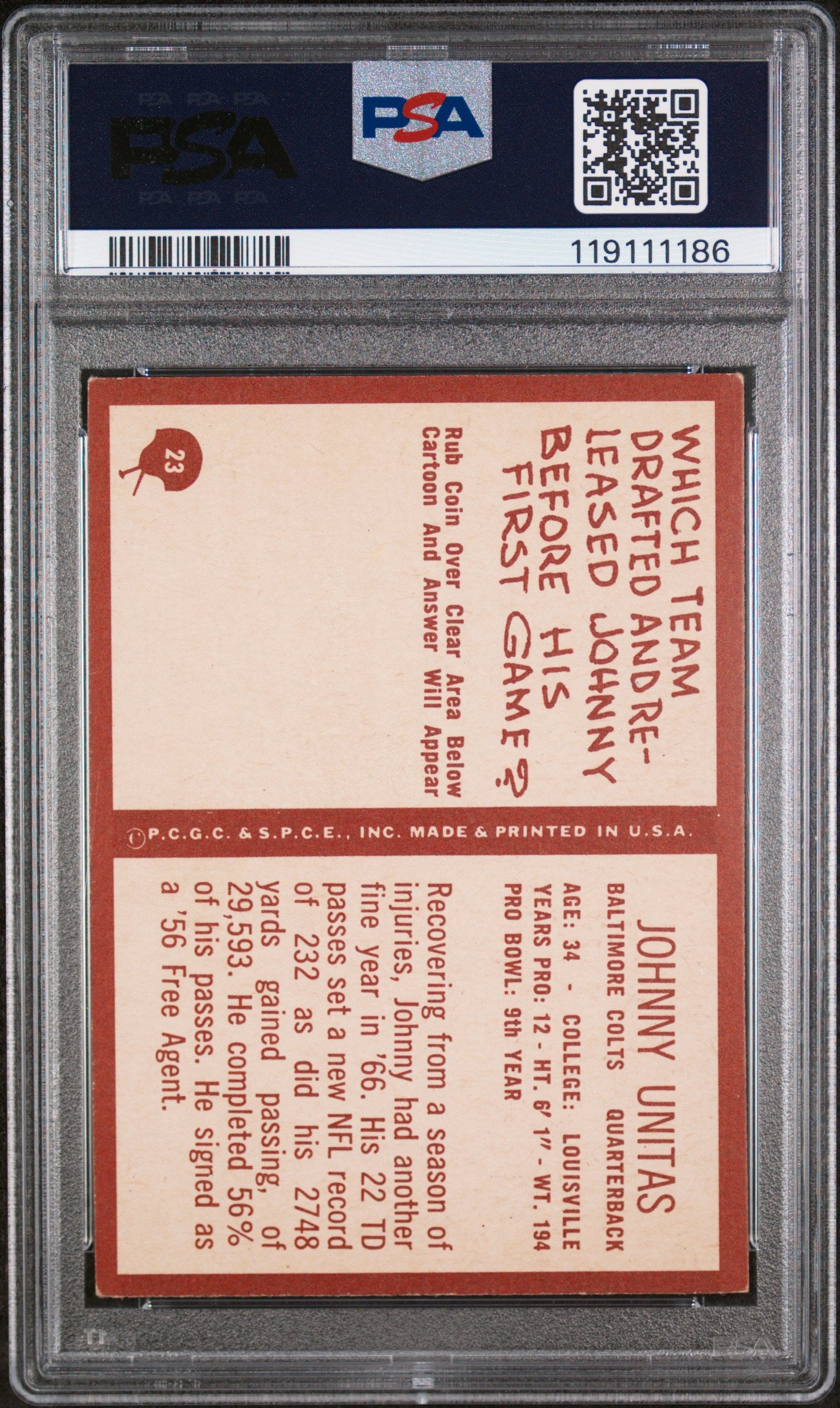 1967 Philadelphia Johnny Unitas #23 PSA 3