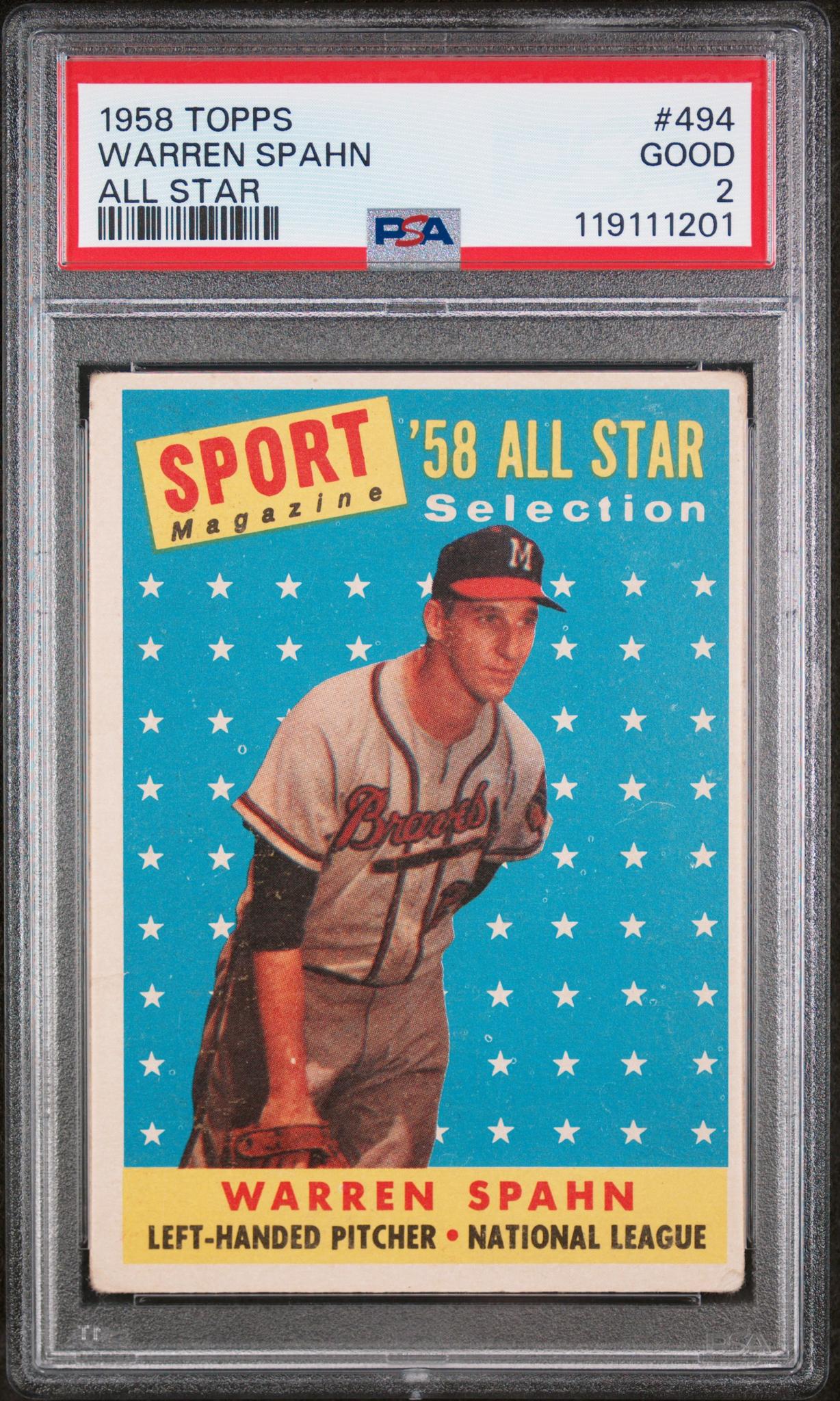 1958 Topps Baseball Sport Magazine All-Star Warren Spahn #494 PSA 2