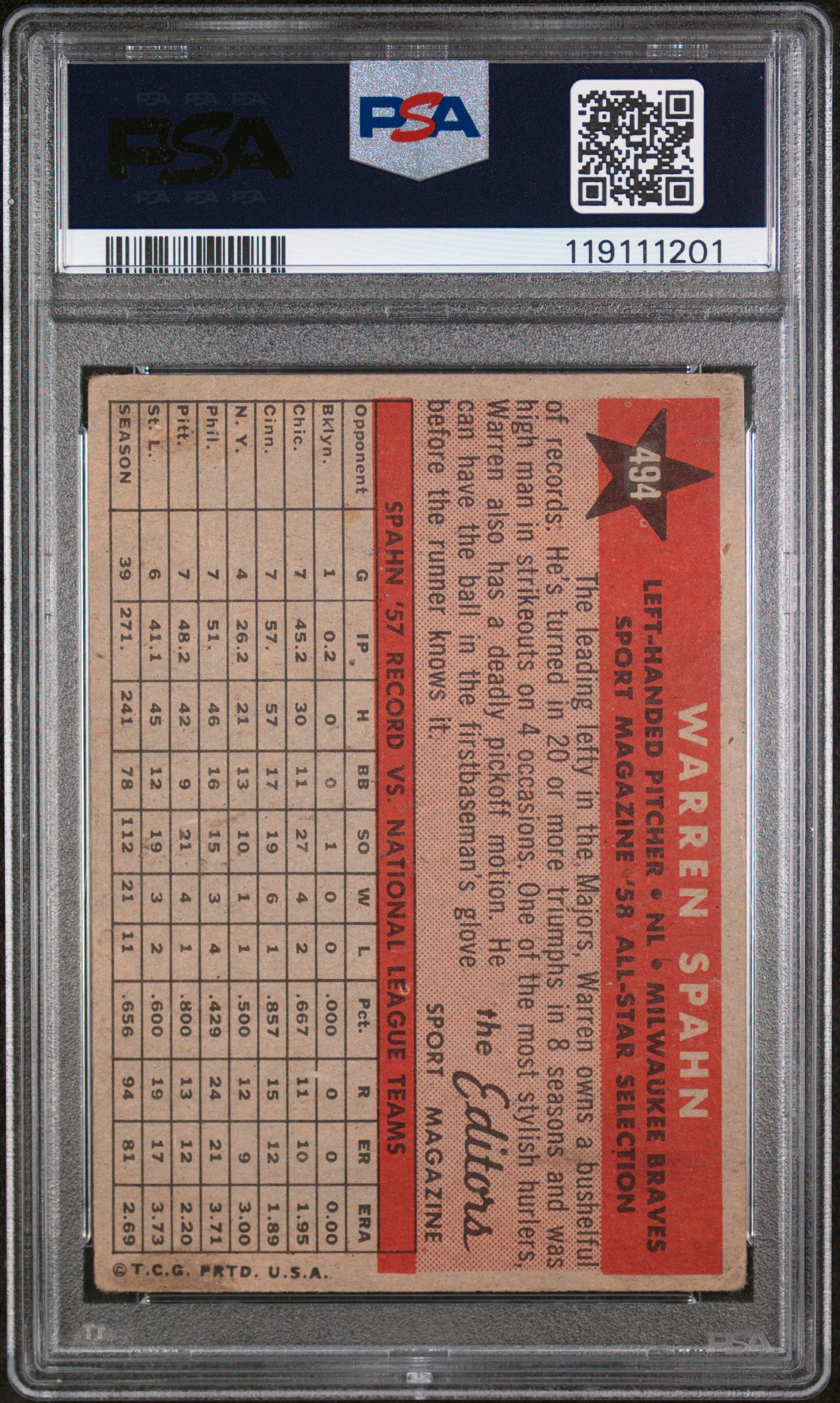 1958 Topps Baseball Sport Magazine All-Star Warren Spahn #494 PSA 2