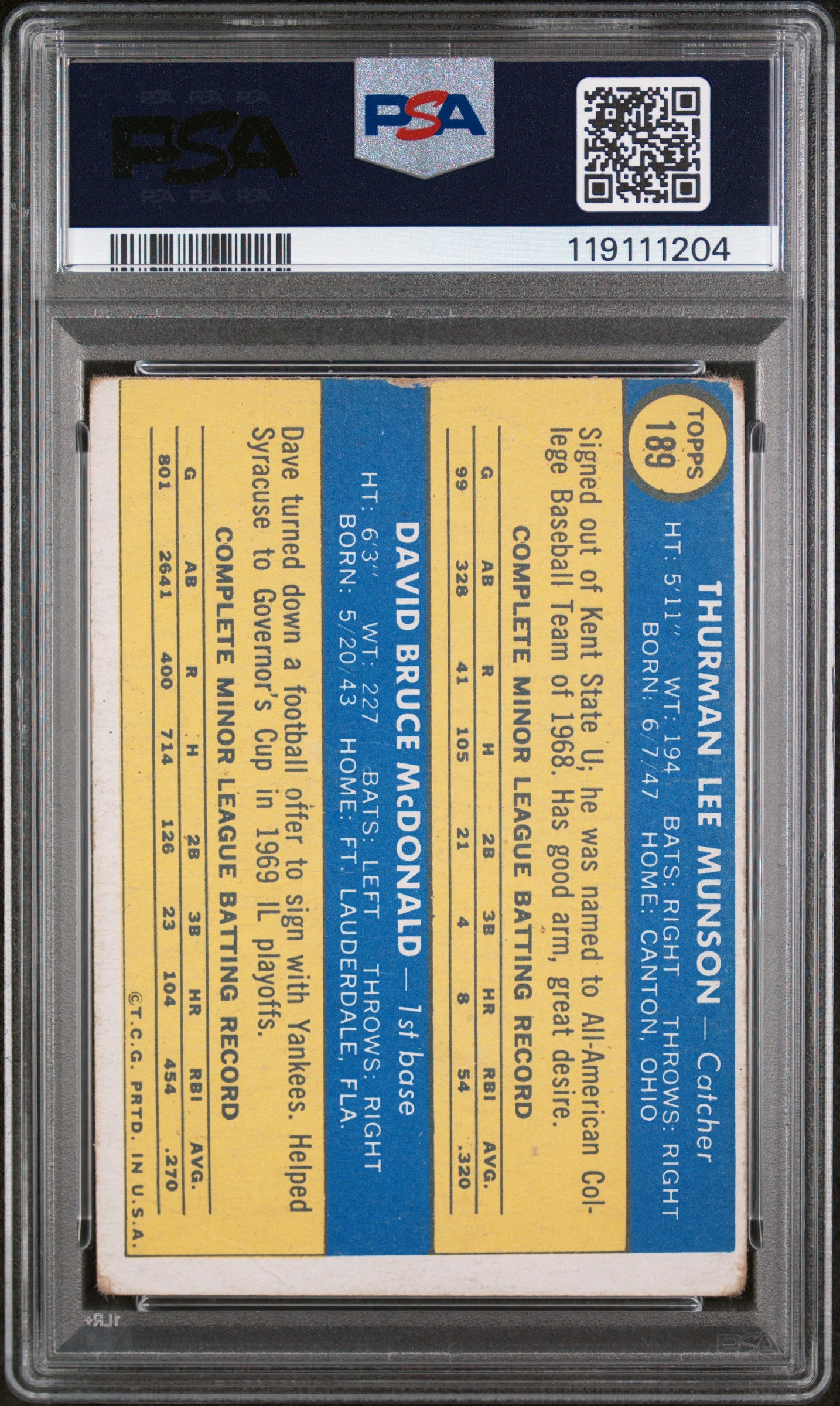 1970 Topps Rookie Stars Thurman Munson/Dave McDonald #189 RC PSA 2