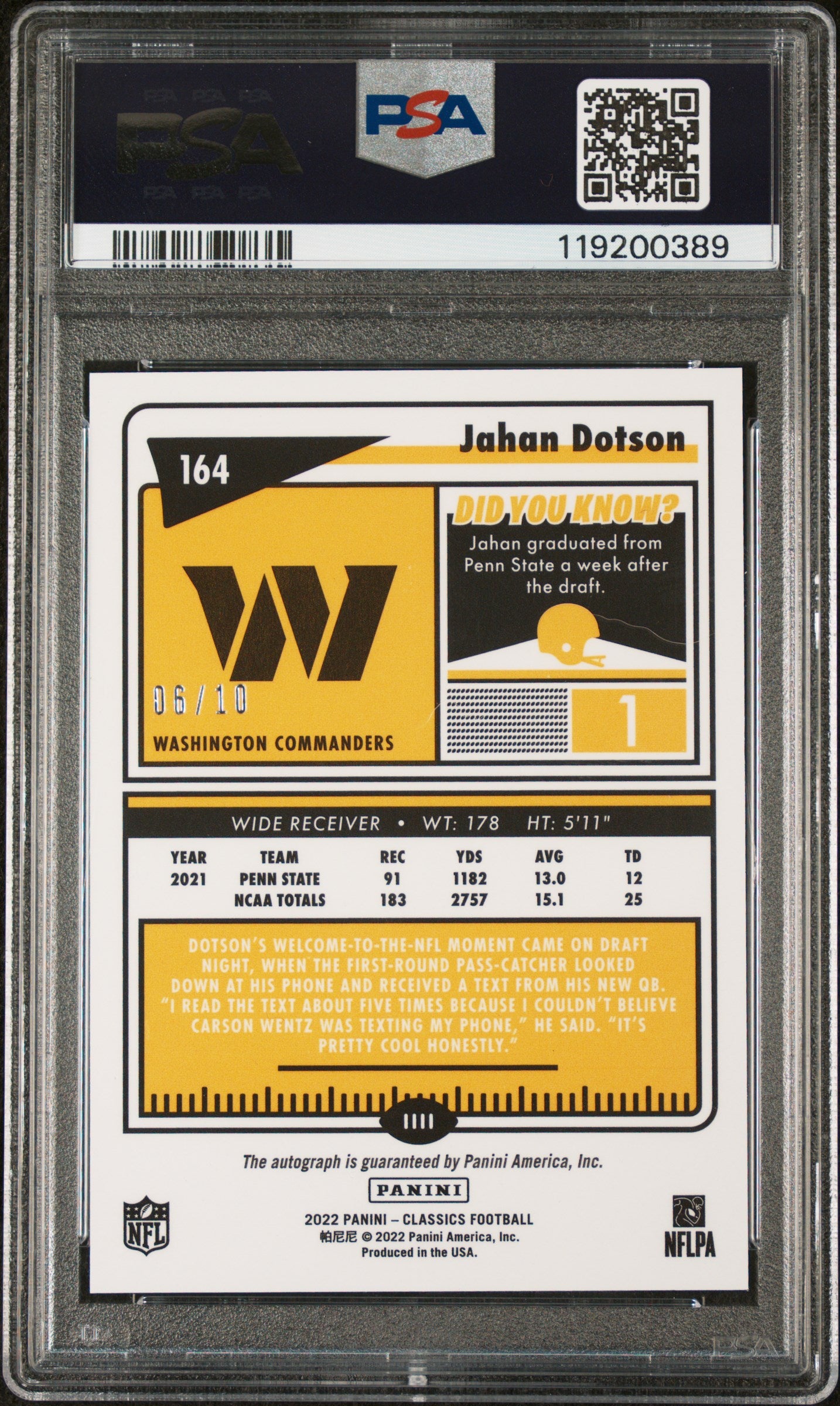 2022 Classics #164 Jahan Dotson Significant Sig-Orange /10 PSA 10