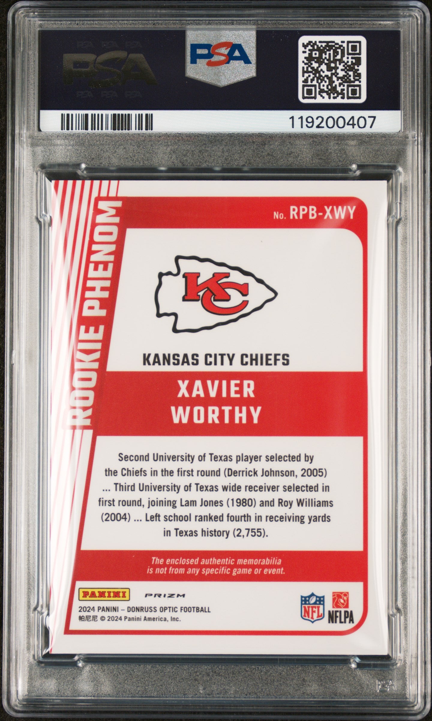 2024 Panini Donruss Optic Rookie Phenoms Relics Xavier Worthy #RPBXWY PSA 9