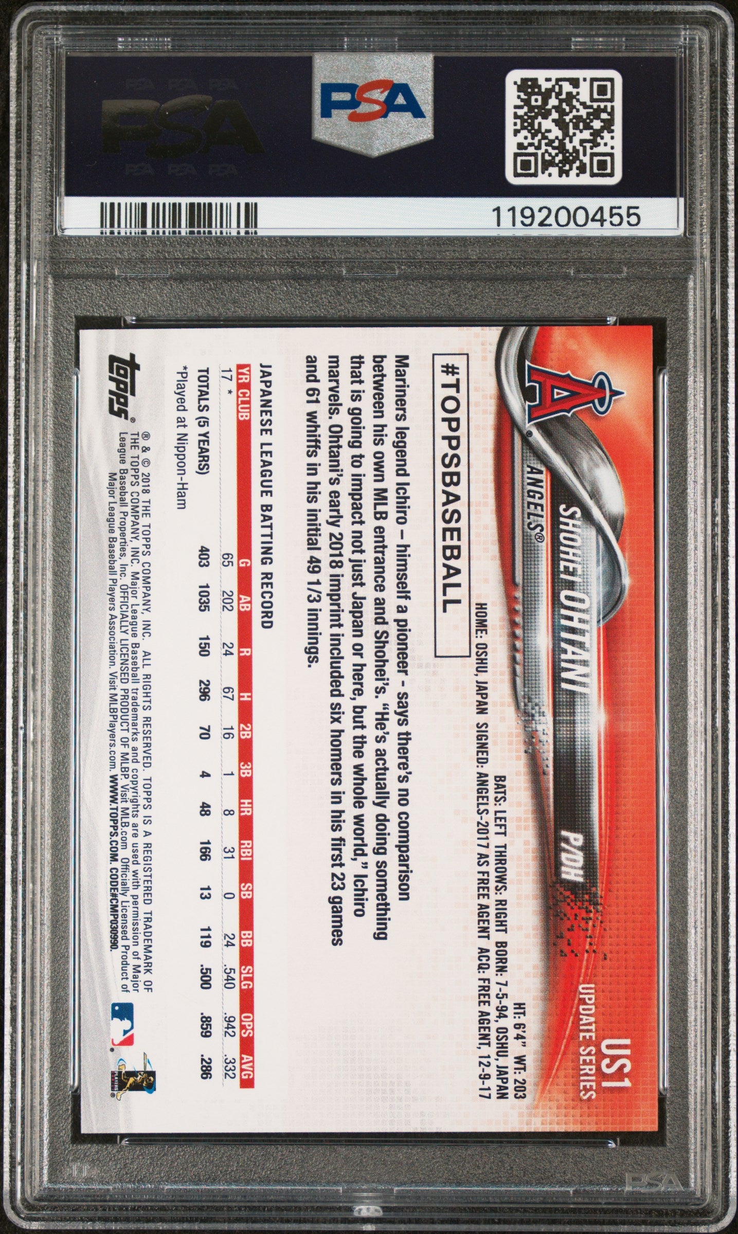 2018 Topps Update #US1 Shohei Ohtani Update Series PSA 9