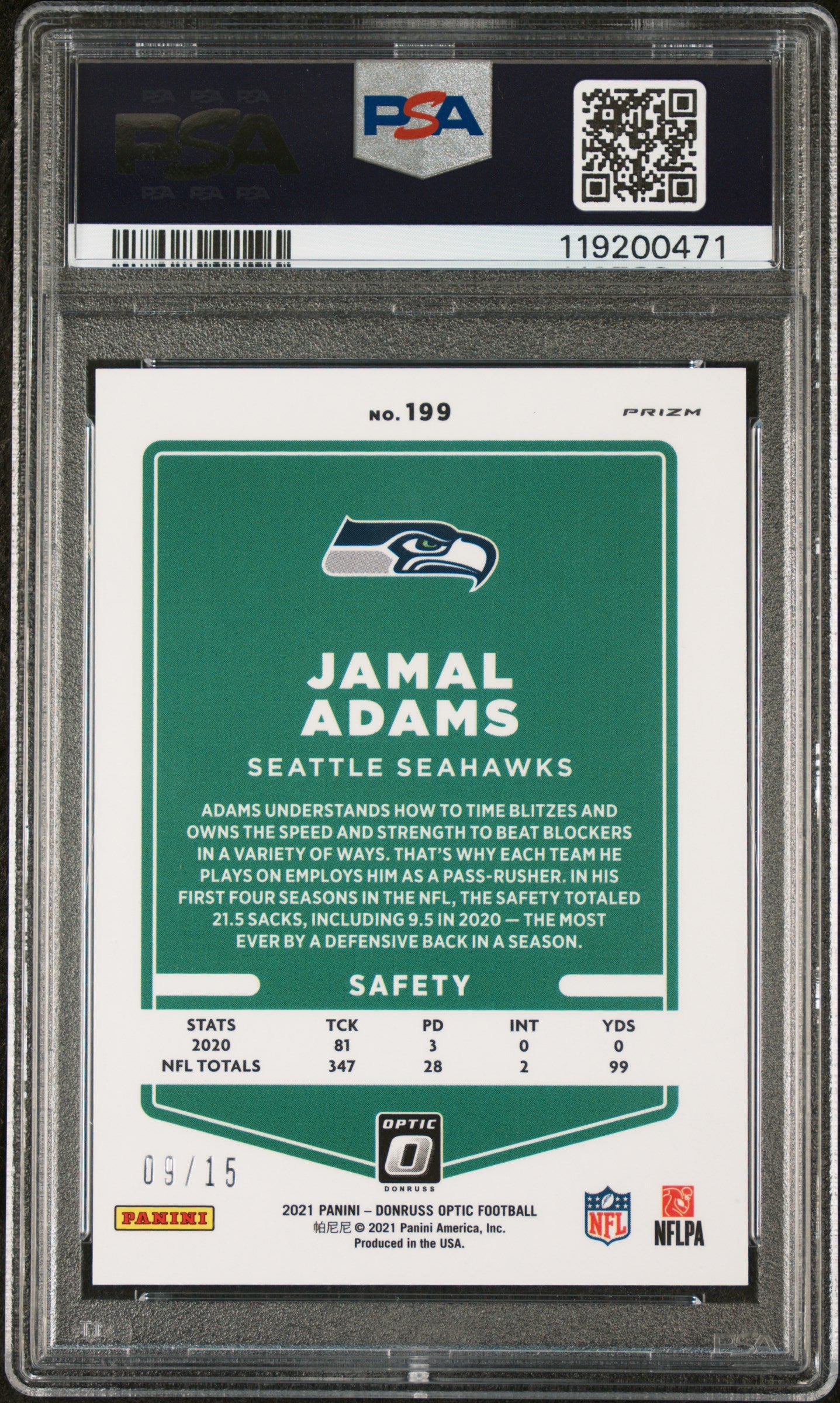 2021 Donruss Optic #199 Jamal Adams Ice /15 PSA 10