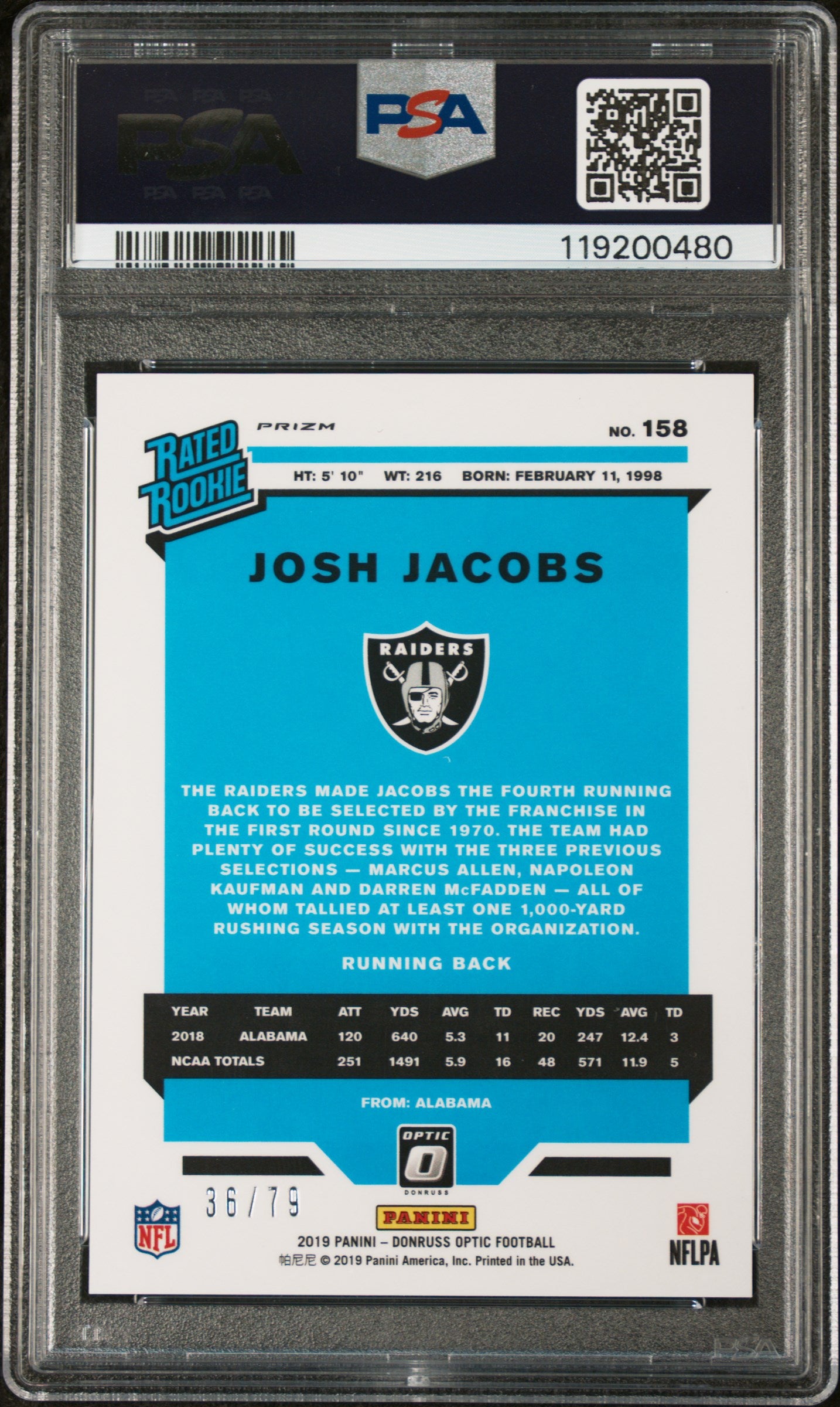 2019 Donruss Optic #158 Josh Jacobs /79 PSA 10