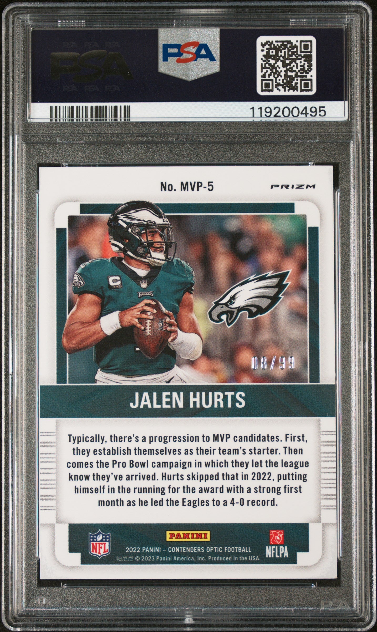 2022 Contenders Optic #MVP-5 Jalen Hurts MVP Contenders-Blue /99 PSA 9
