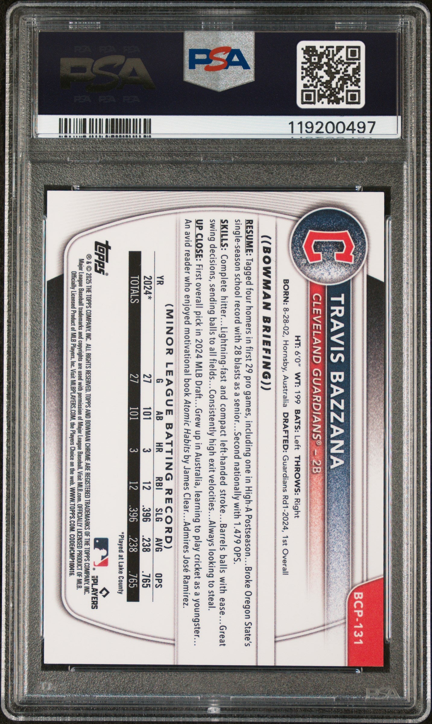 2025 Bowman #BCP131 Travis Bazzana Chrome Pros-Blue Geometric /150 PSA 9