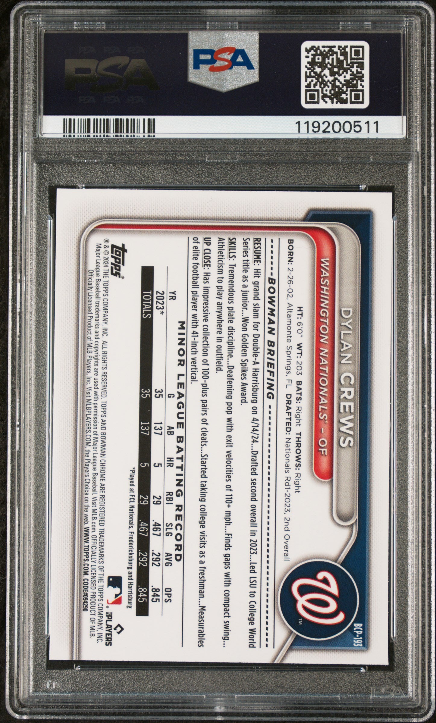 2024 Bowman Chrome #193 Dylan Crews Prospects PSA 10