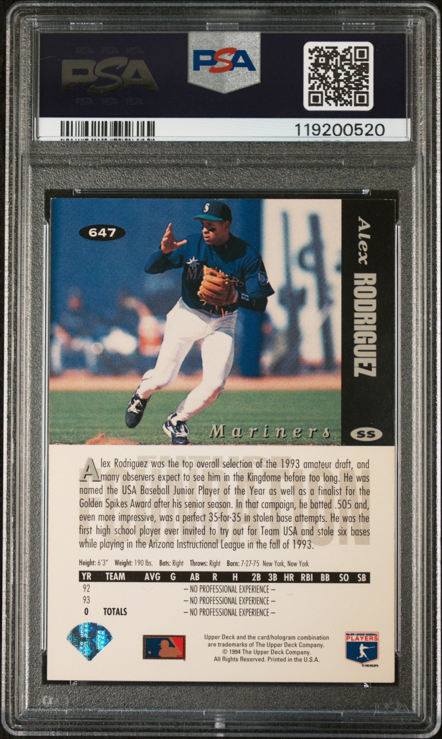 1994 Collector's Choice #647 Alex Rodriguez Silver Signature PSA 7