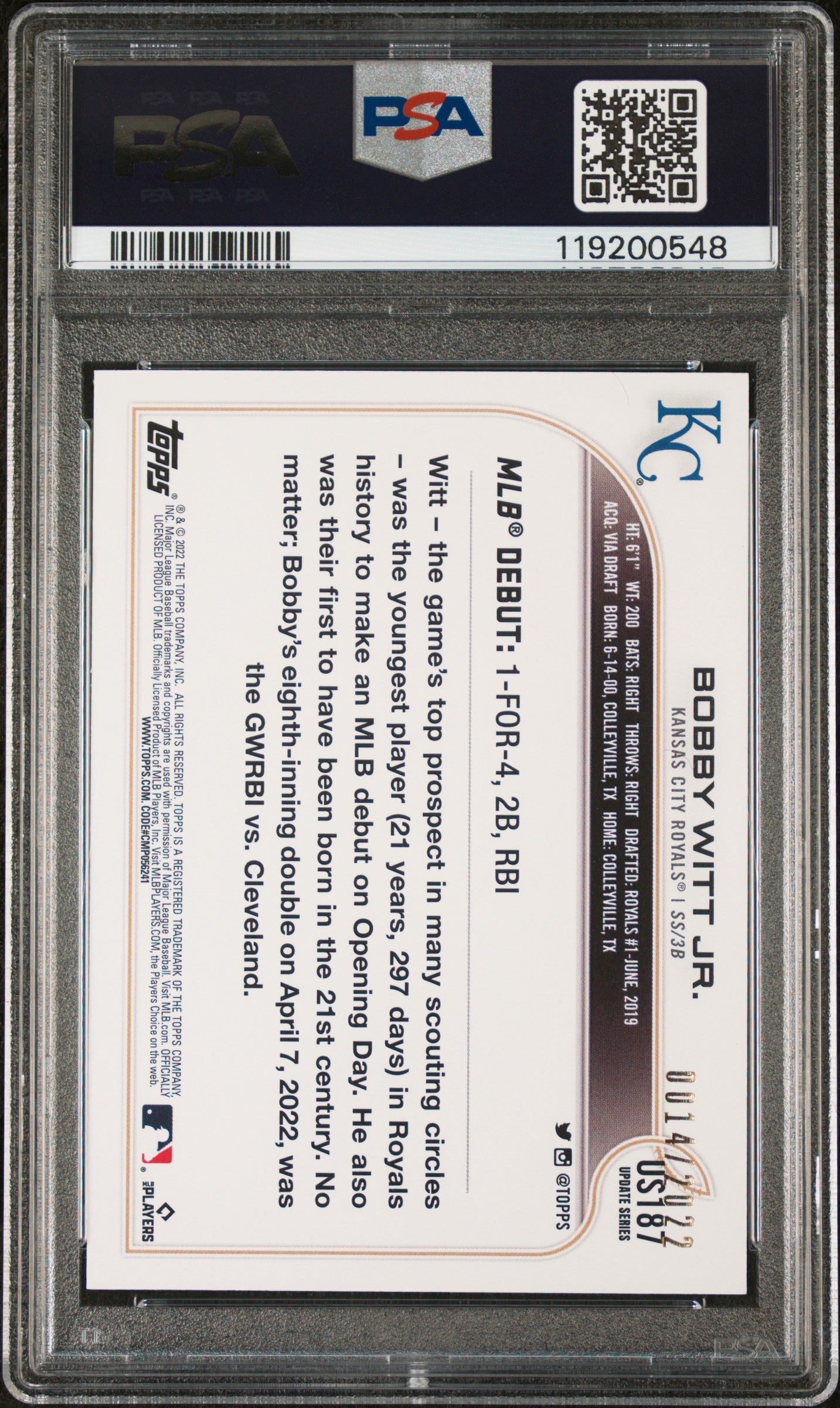 2022 Topps Update #US187 Bobby Witt Jr. Update Series /2022 PSA 9