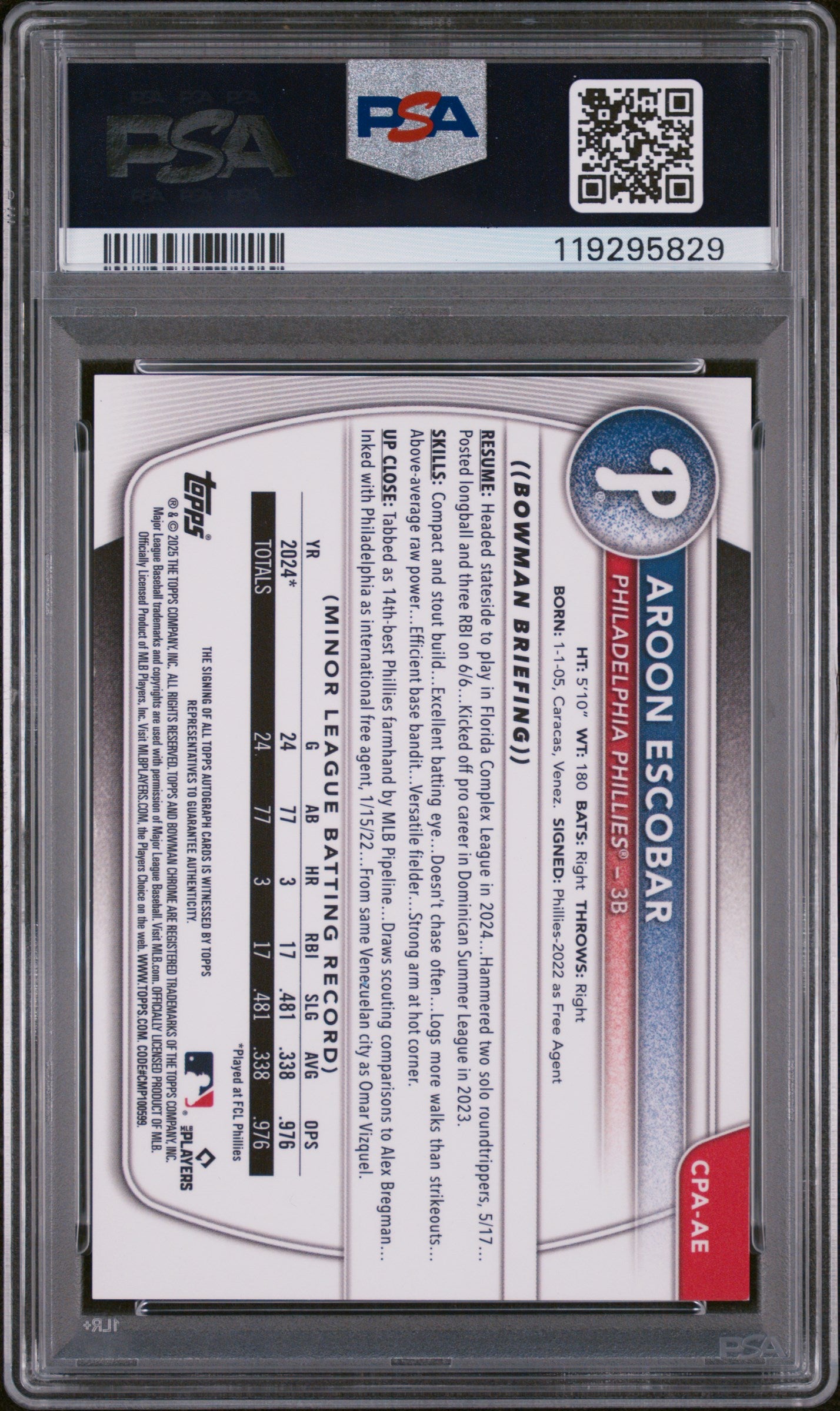 2025 Bowman Chrome Prospect Autographs Orange Wave Aroon Escobar #CPAAE /25 PSA 9