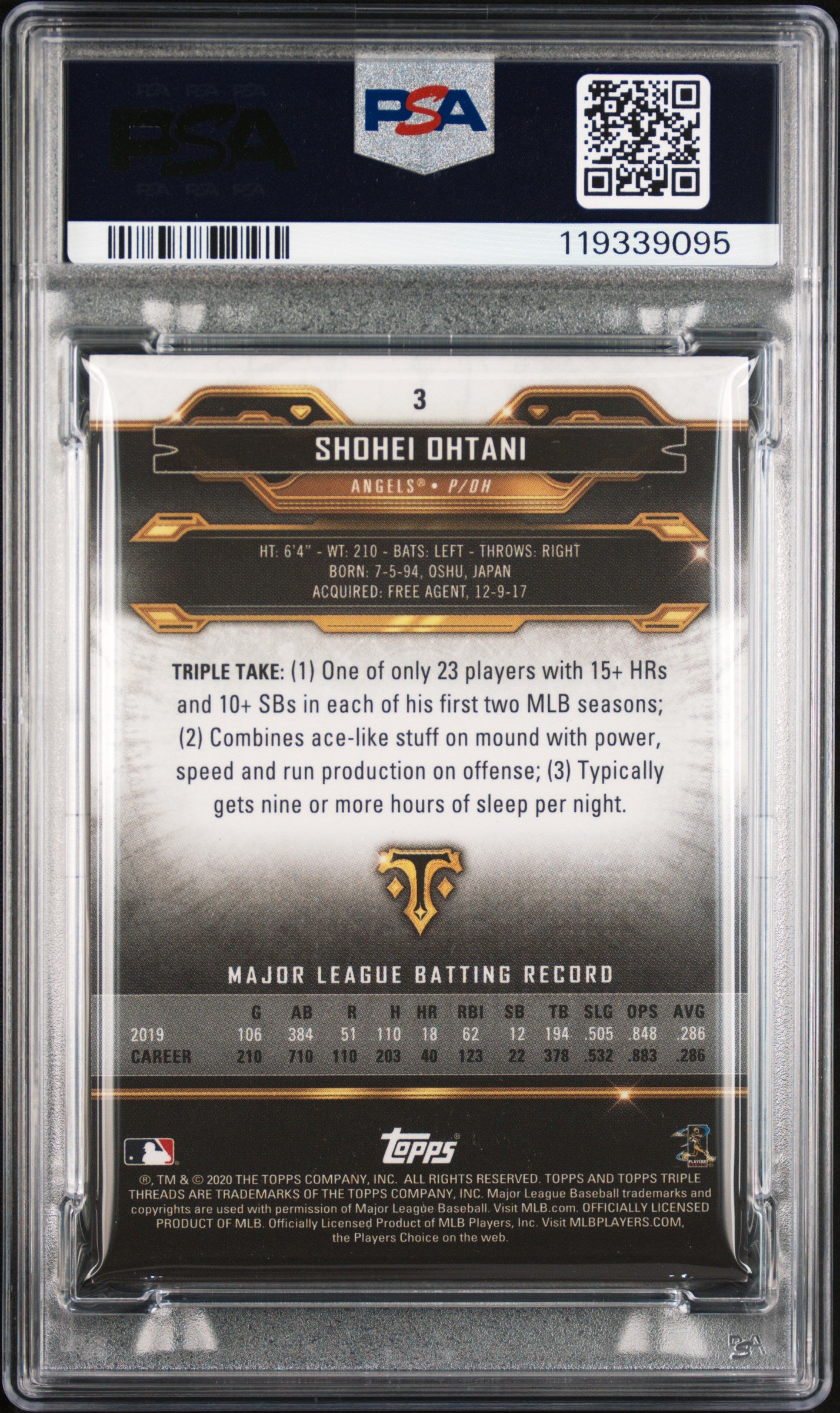 2020 Topps Triple Threads Amethyst Shohei Ohtani #3 /299 PSA 8