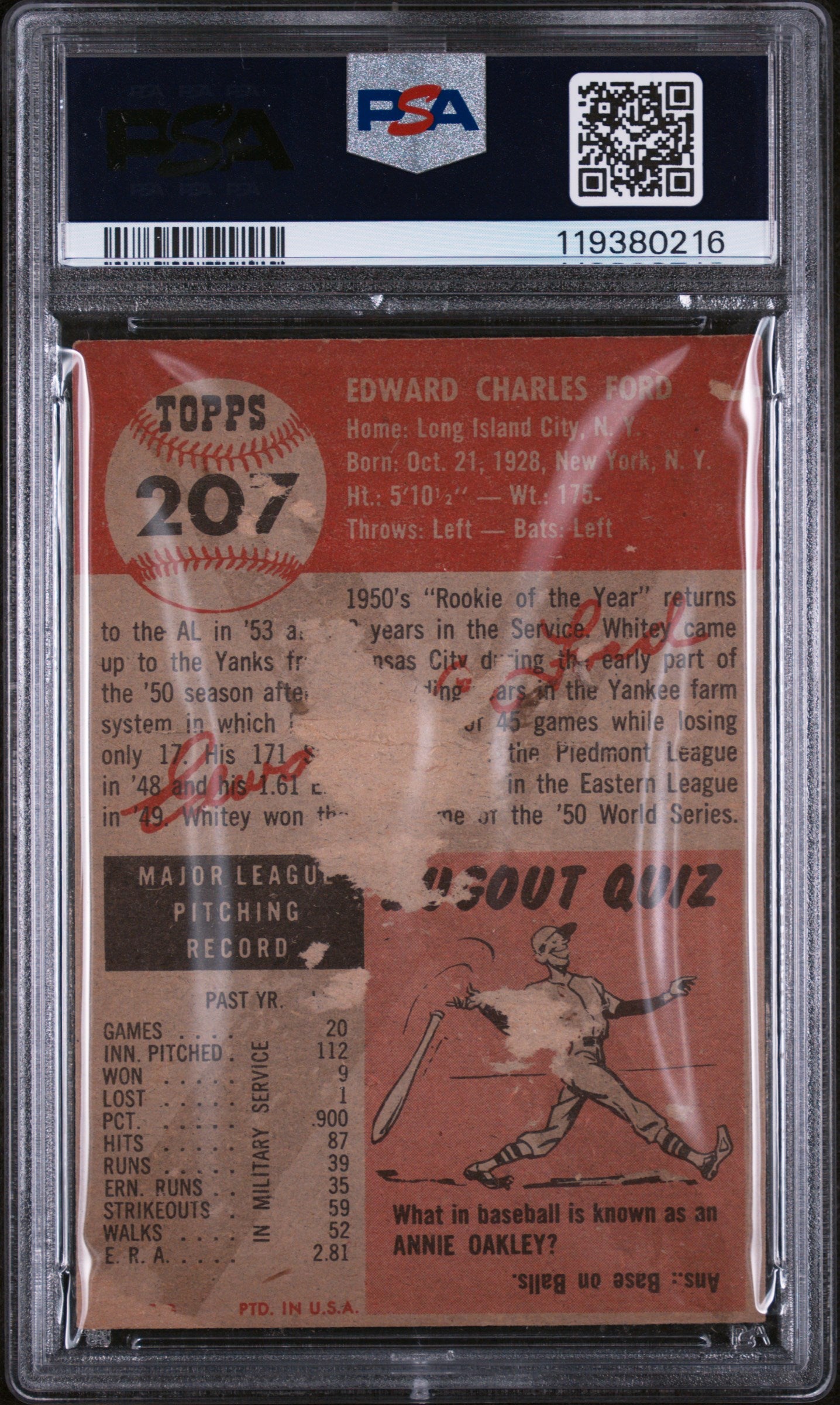 1953 Topps #207 Whitey Ford PSA 1