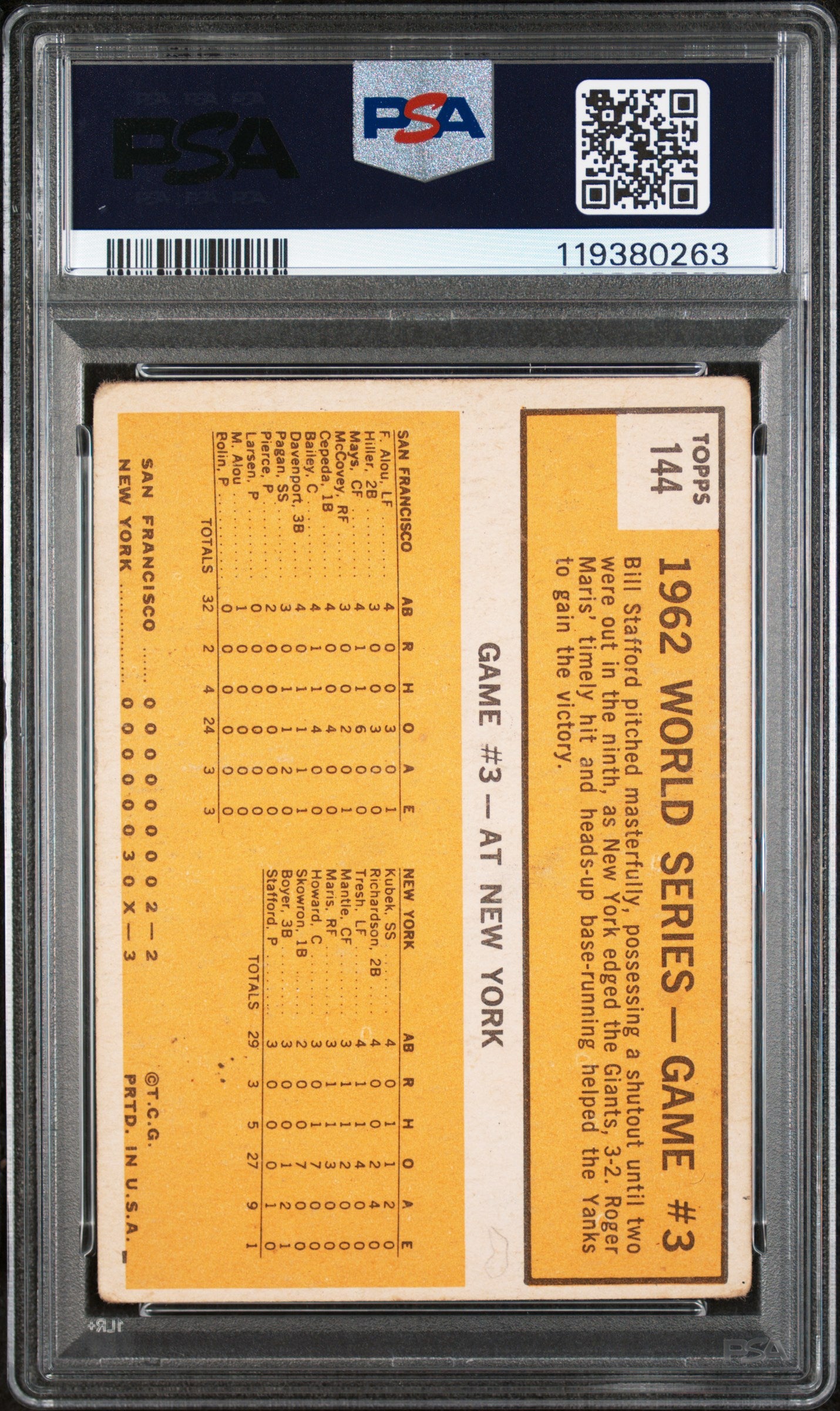 1963 Topps #144 Roger Maris World Series Game 3 PSA 2
