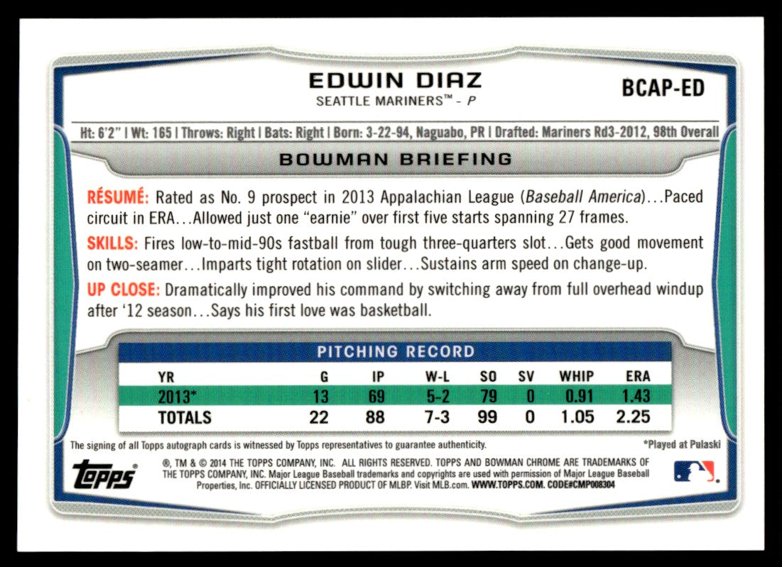 2014 Bowman Chrome Edwin Diaz Rookie Auto