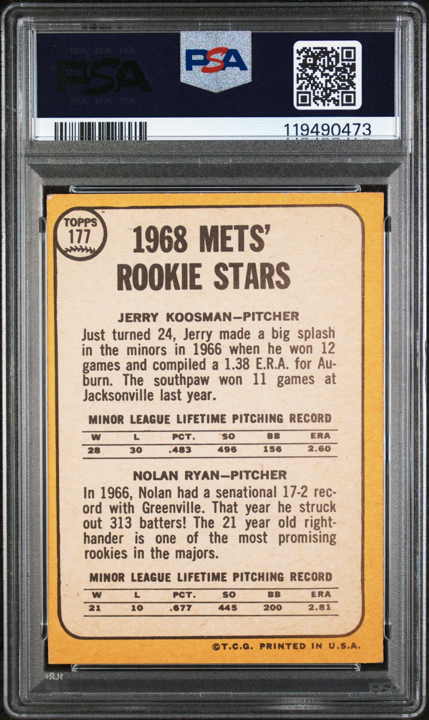 1968 Topps Mets Rookie Stars Jerry Koosman/Nolan Ryan #177 PSA 3