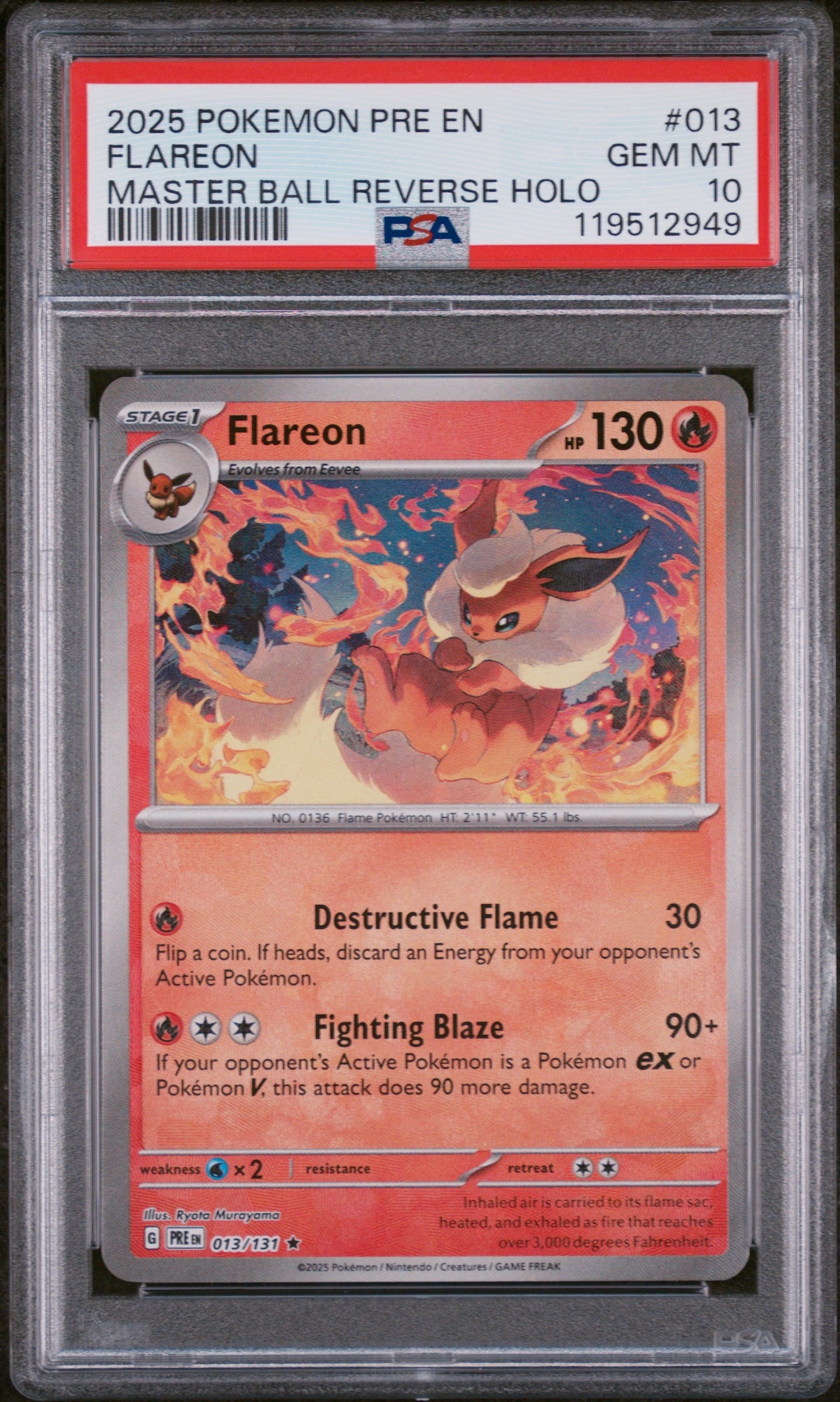 2025 Pokemon Pre EN Master Ball Reverse Holo Flareon #013 PSA 10