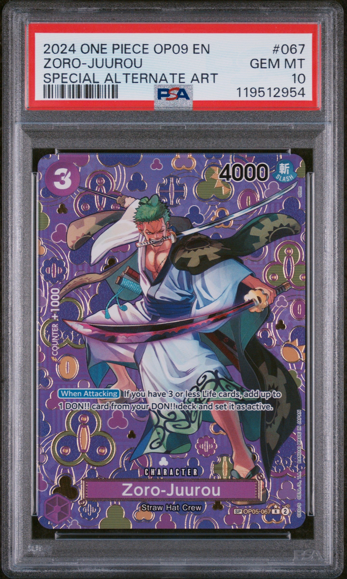 2024 Bandai One Piece OP09 EN Special Alternate Art Zoro-Juurou #067 PSA 10