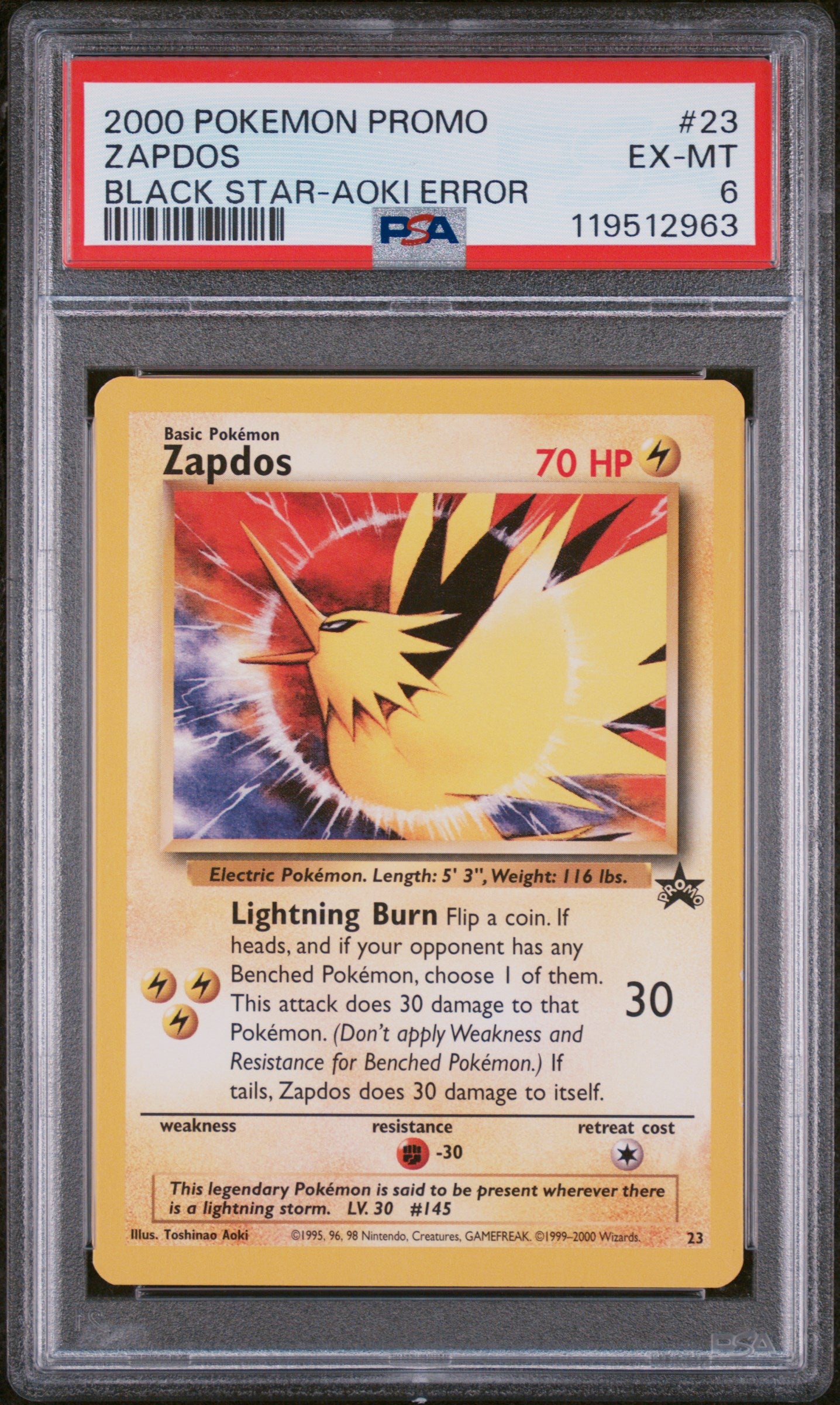 2000 Pokémon Wizards Black Star Promo Zapdos #23 Aoki Error PSA 6