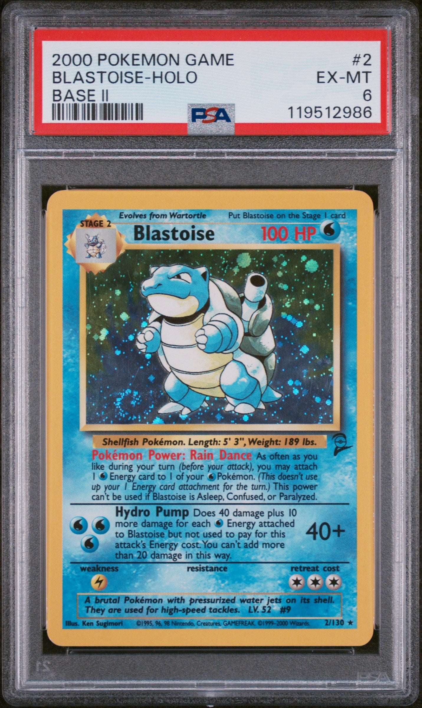 2000 Pokémon Base Set 2 Blastoise #2/130 Holo PSA 6