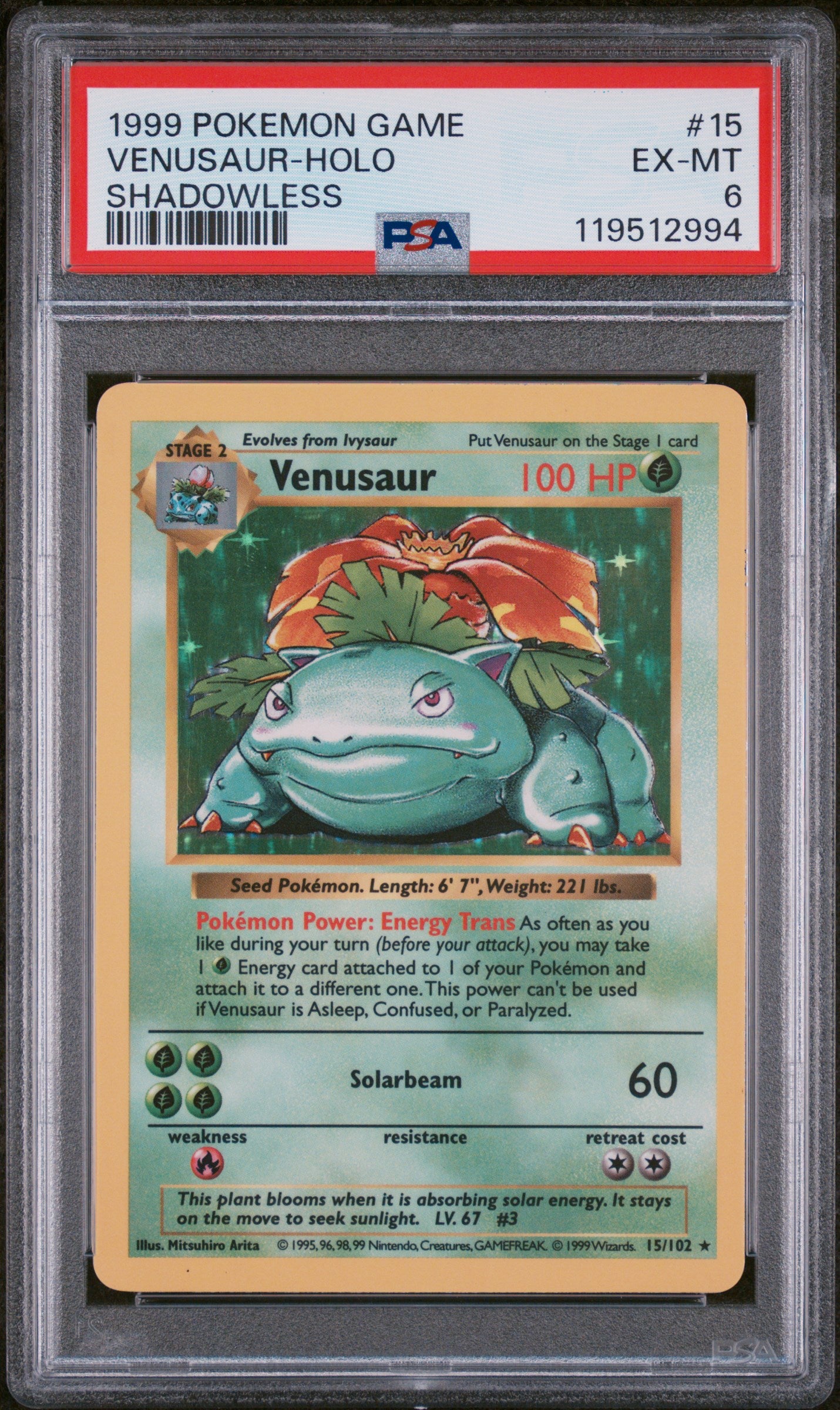 1999 Pokémon Base Set Shadowless Venusaur #15/102 Holo PSA 6