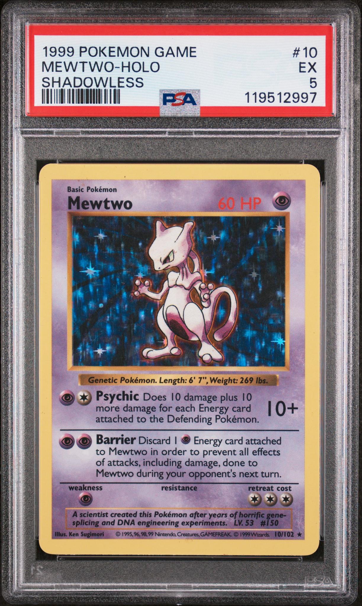 1999 Pokémon Base Set Mewtwo #10/102 Shadowless Holo PSA 5