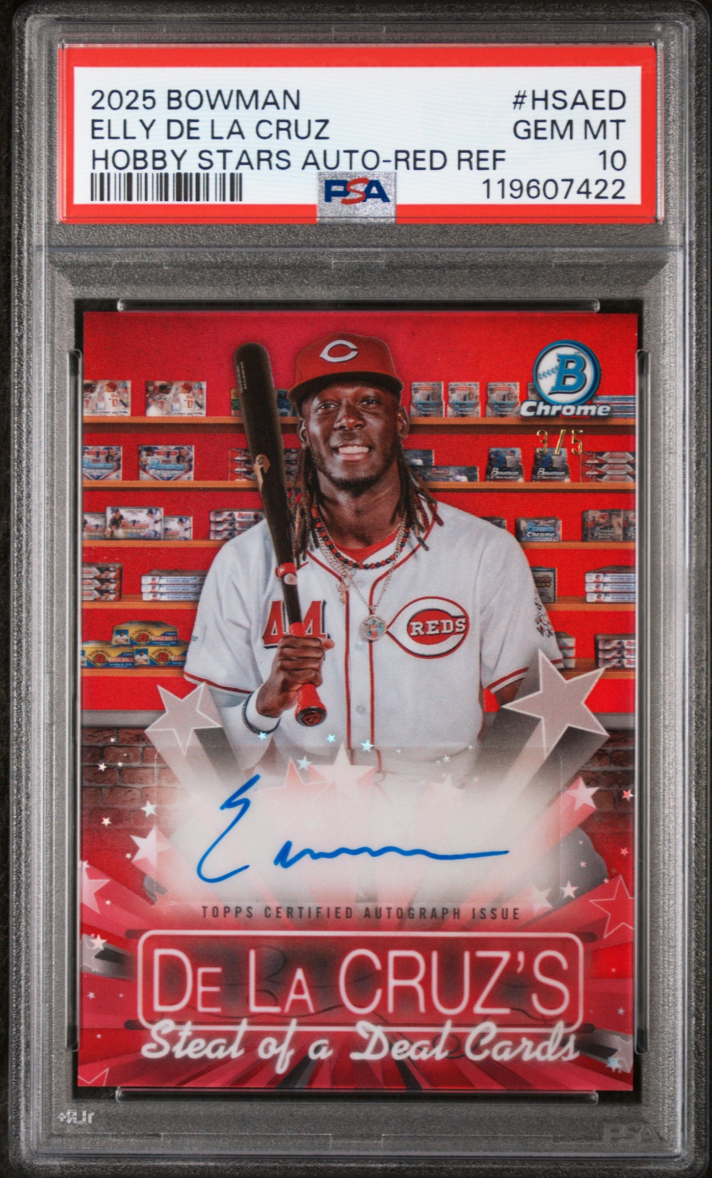 2025 Topps Bowman Hobby Stars Red Ref Elly De La Cruz #HSA-ED Auto /5 PSA 10
