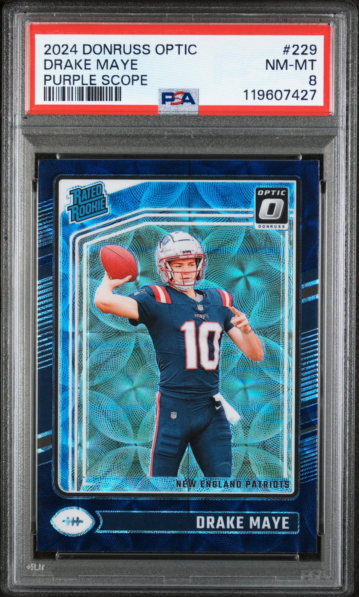 2024 Panini Donruss Optic Purple Scope Drake Maye #229 RC Prizm PSA 8