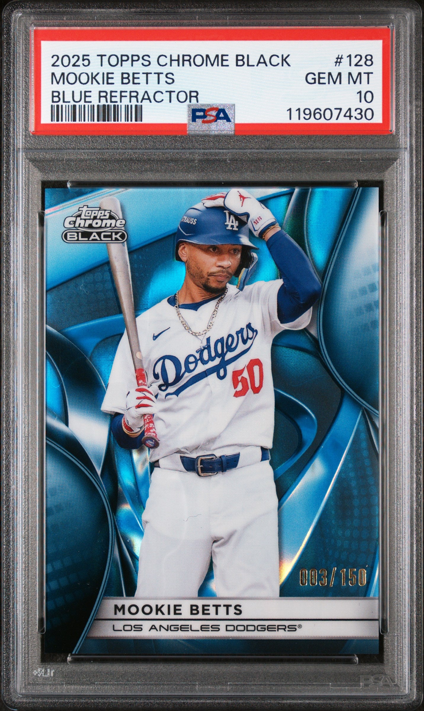 2025 Topps Chrome Black Blue Refractor Mookie Betts #128 /150 PSA 10